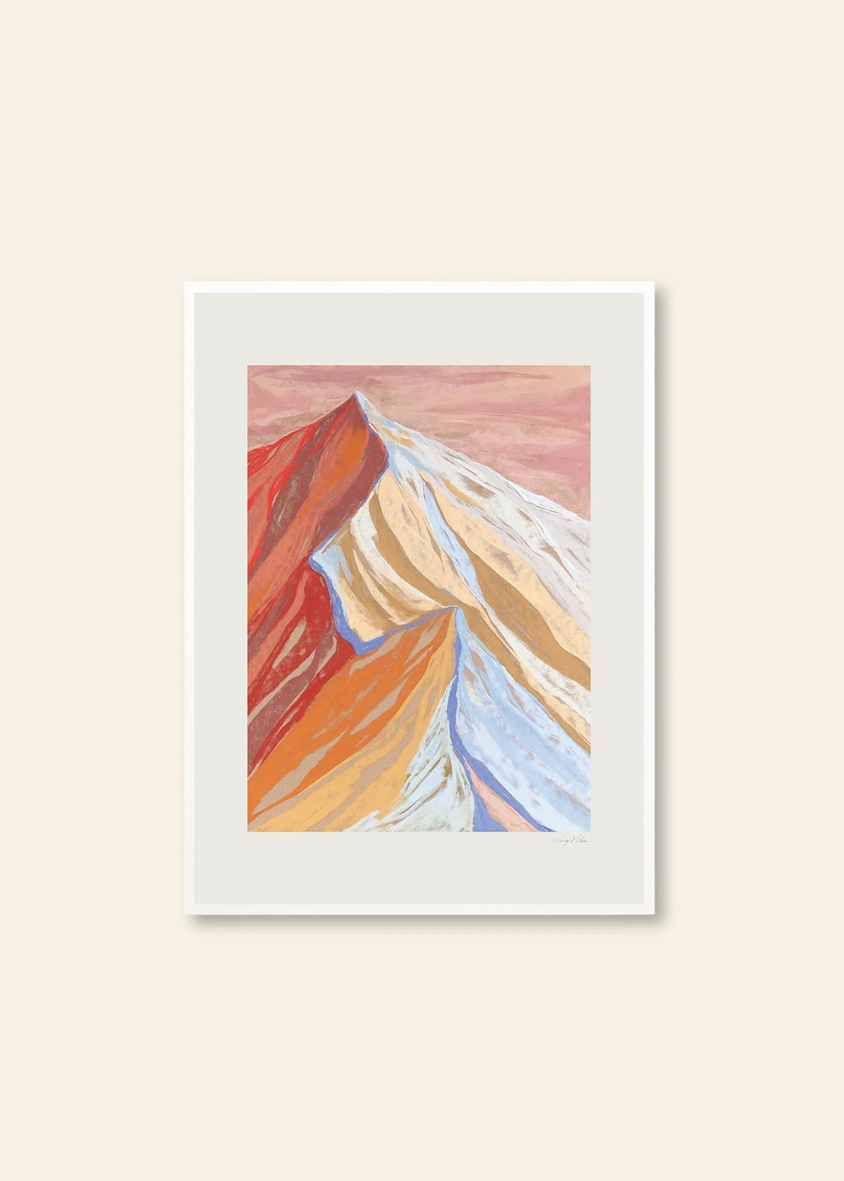 The Poster Club’s Mandy Maria - Cuillin Ridge VII (30x40) is a framed giclée print featuring a vibrant abstract mountain in bold red, orange, yellow, and blue set against a soft pink sky on a light beige wall.