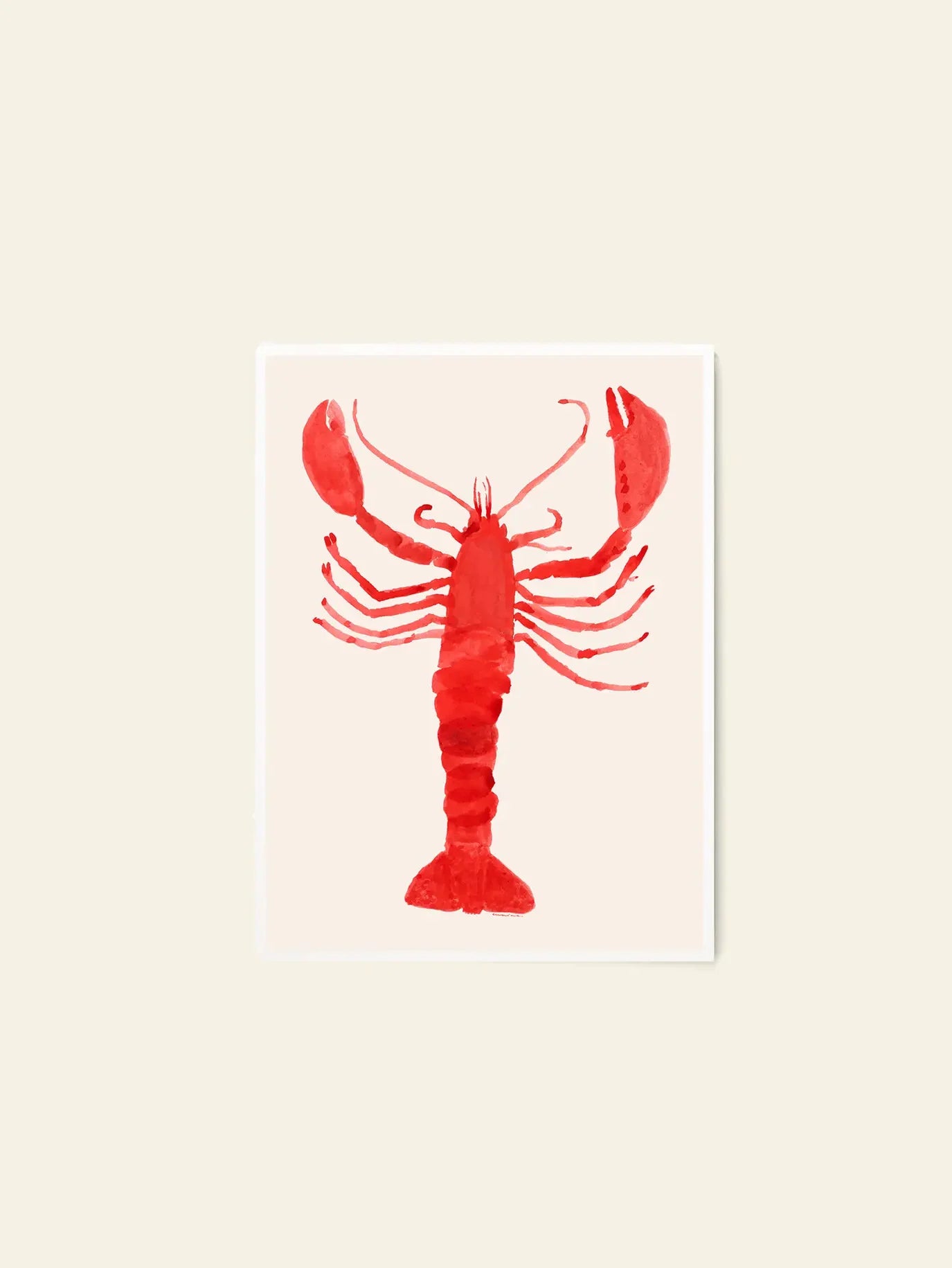 The Poster Club’s Marina García Fernández - Langosta (30x40) art print features a bright red lobster in watercolor style, centered on a light beige background with detailed claws, antennae, and segmented body.