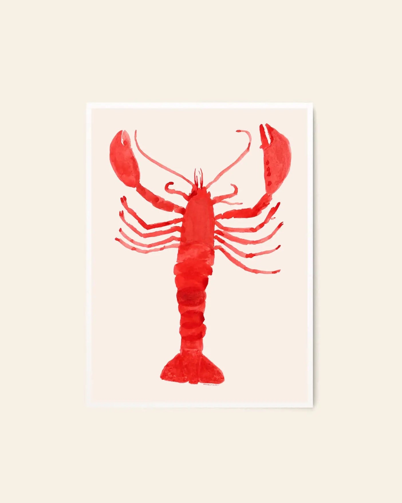 The Poster Club Marina García Fernández - Langosta (50x70) features a bright red lobster in watercolor style, centered on a light beige background with a white border, capturing The Poster Club’s elegant aesthetic.