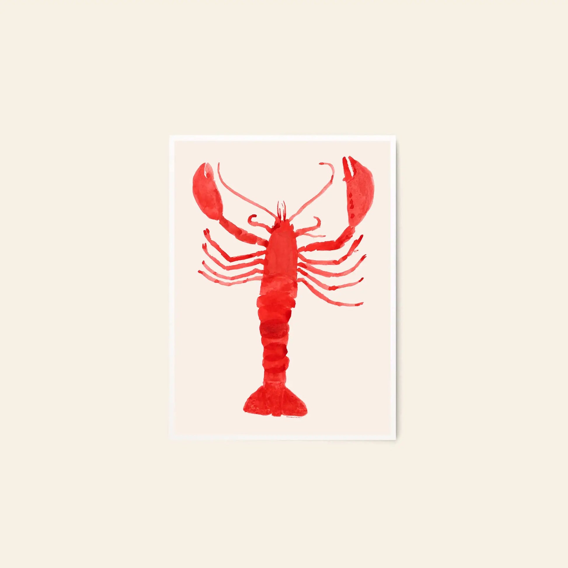 A simple illustration from The Poster Club: Berit Mogensen Lopez - Bloom (50x70), featuring a red lobster centered on a light beige background with a white border—ideal for art lovers and Poster Club fans.