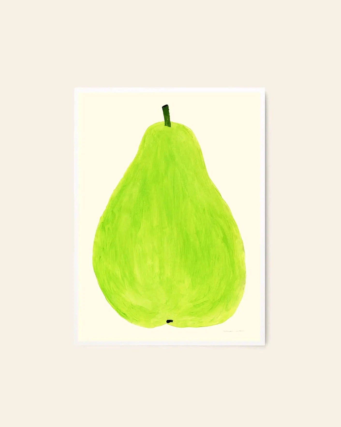 The Poster Club Marina García Fernández - Pera Limonera 1 (50x70) is a minimal, playful art print of a green pear with dark stem on a light beige background, inspired by Marina García Fernández for The Poster Club.