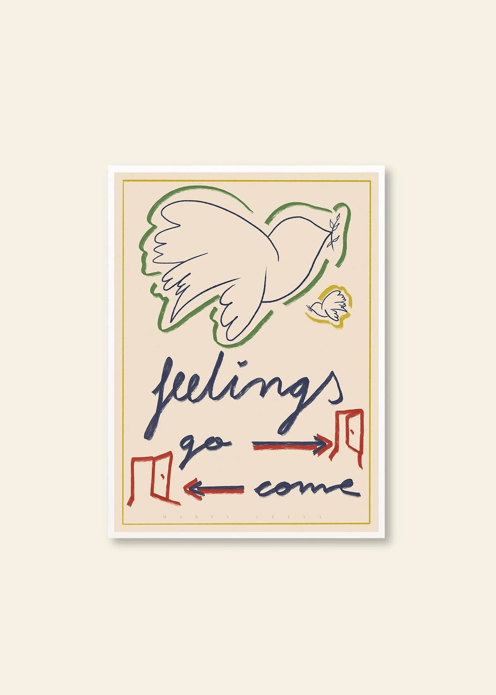 The Poster Club’s Marta Leyva - Feelings (30x40) giclée print features two birds above the handwritten phrase feelings go come, arrows between open doors, and simple, colorful lines on a light background in a Mediterranean style.