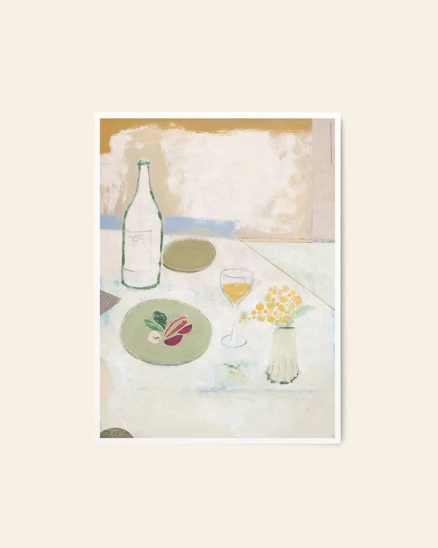 The Poster Club Max Ososki - Fleurs Jaunes (50x70) is a minimalist art print featuring a table with a green plate of sliced vegetables, wine glass, bottle, and yellow flowers, evoking vintage textiles. Brand: The Poster Club.