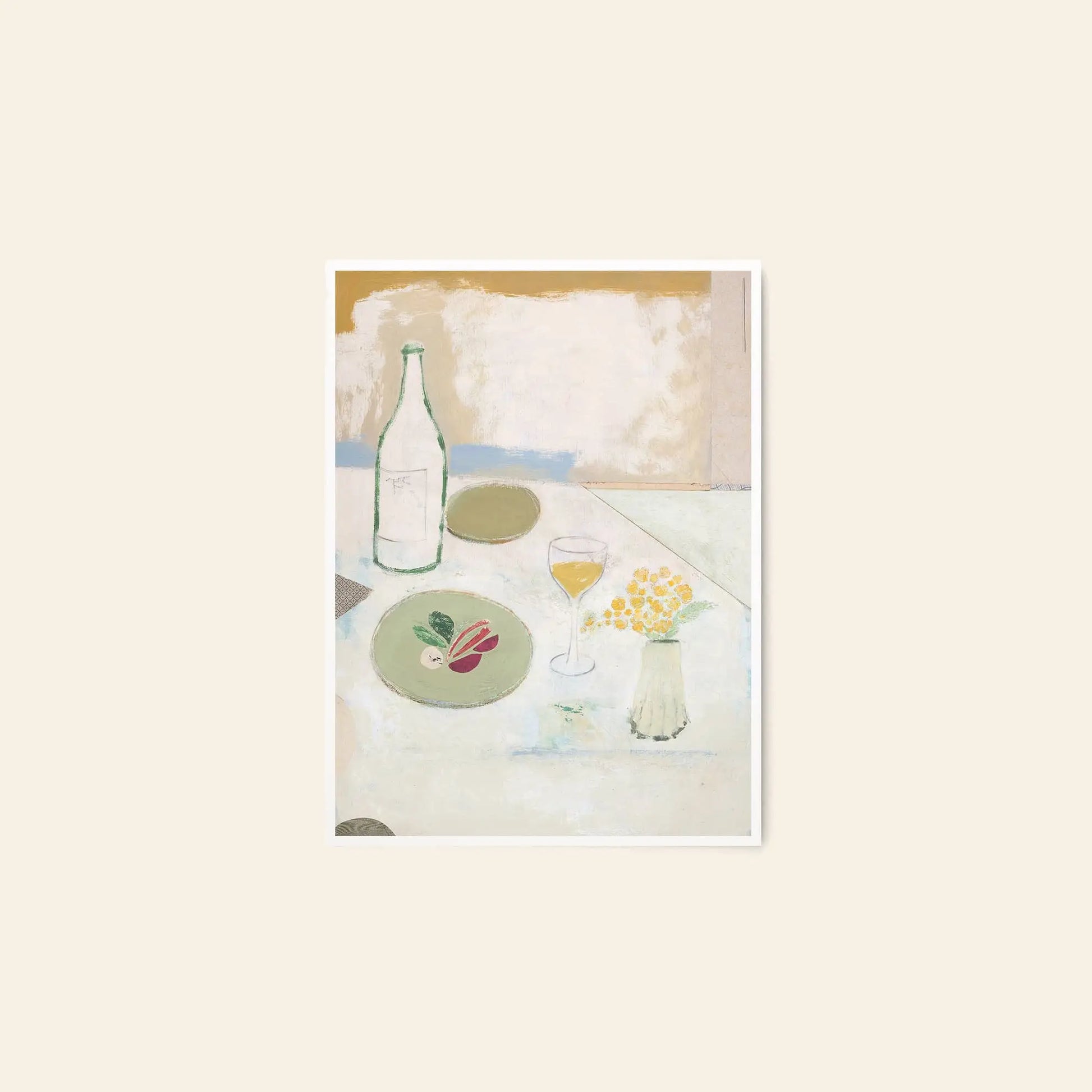 The Poster Club Berit Mogensen Lopez - Bloom (50x70): A minimalist art print featuring a table scene with wine, glass, yellow flowers, and radishes on a pale background. Available from The Poster Club.