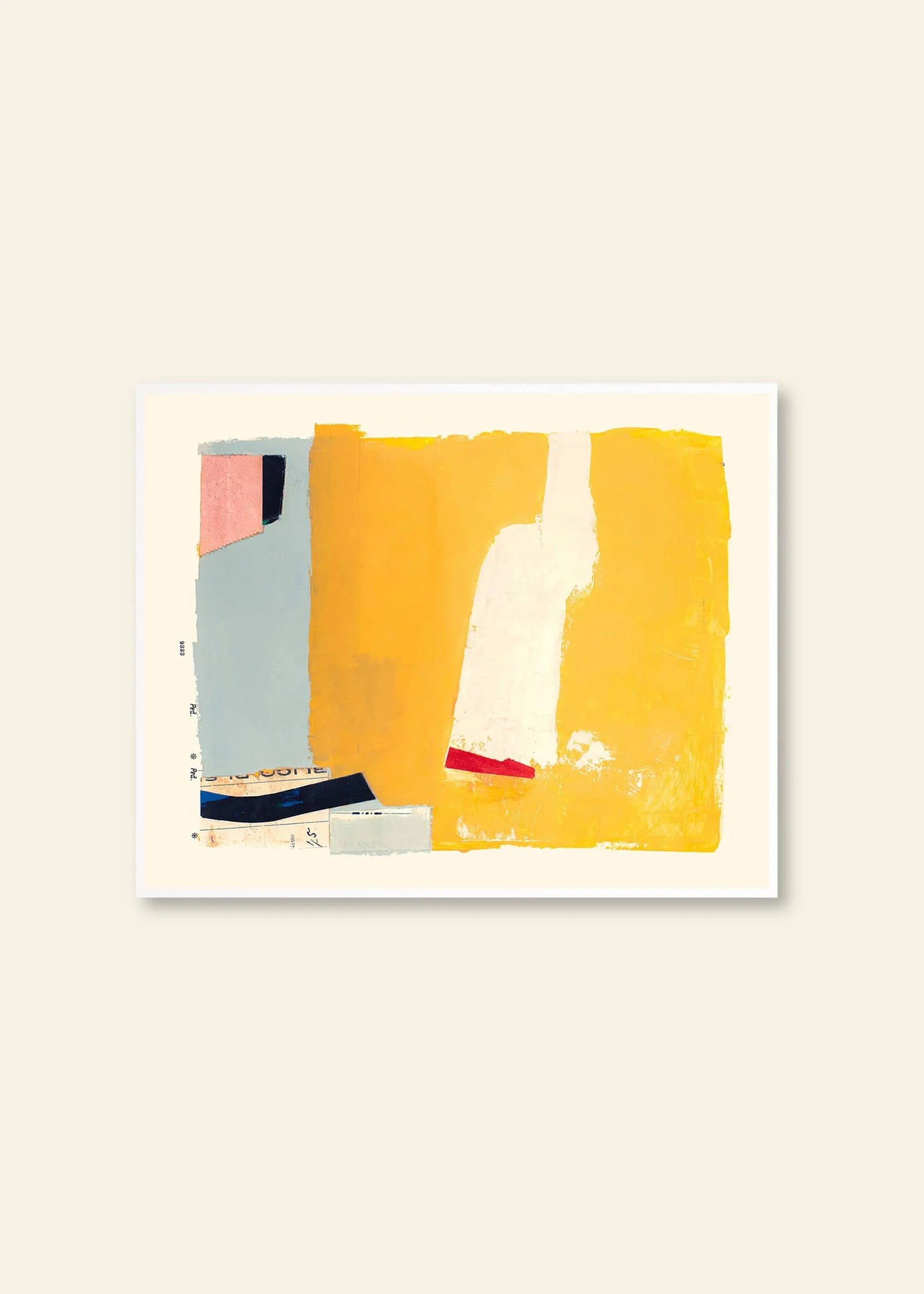 Max Ososki - Jaune (30x40) art print by The Poster Club features large yellow and white blocks, a vertical red-edged white form, and blue, pink, dark shapes on a light beige background. Collage technique adds dimension.