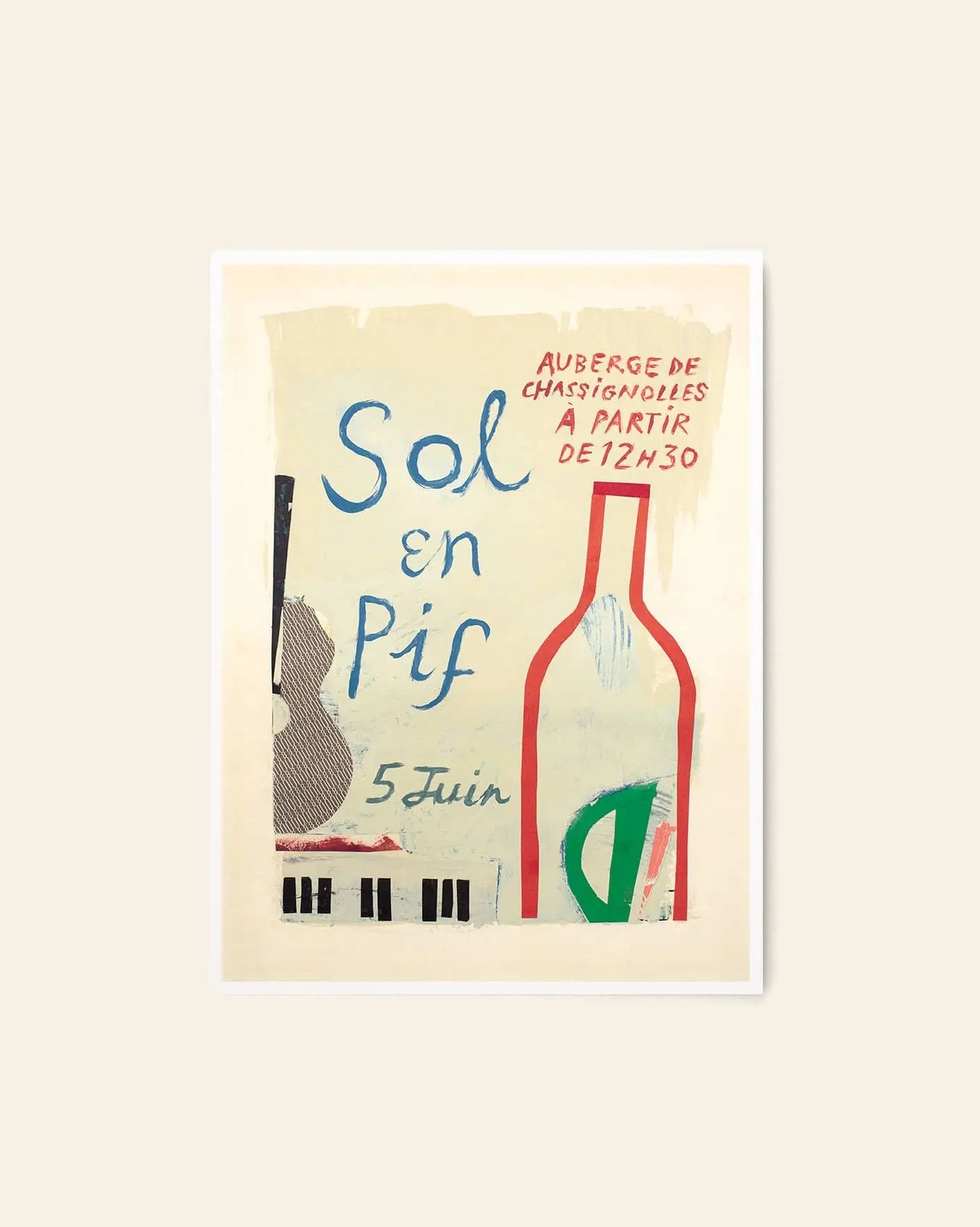 The Poster Club Max Ososki - Sol En Pif (50x70) art print features collage-style illustrations of a guitar, wine bottle, piano keys, and French text on a light beige background. Brand: The Poster Club.