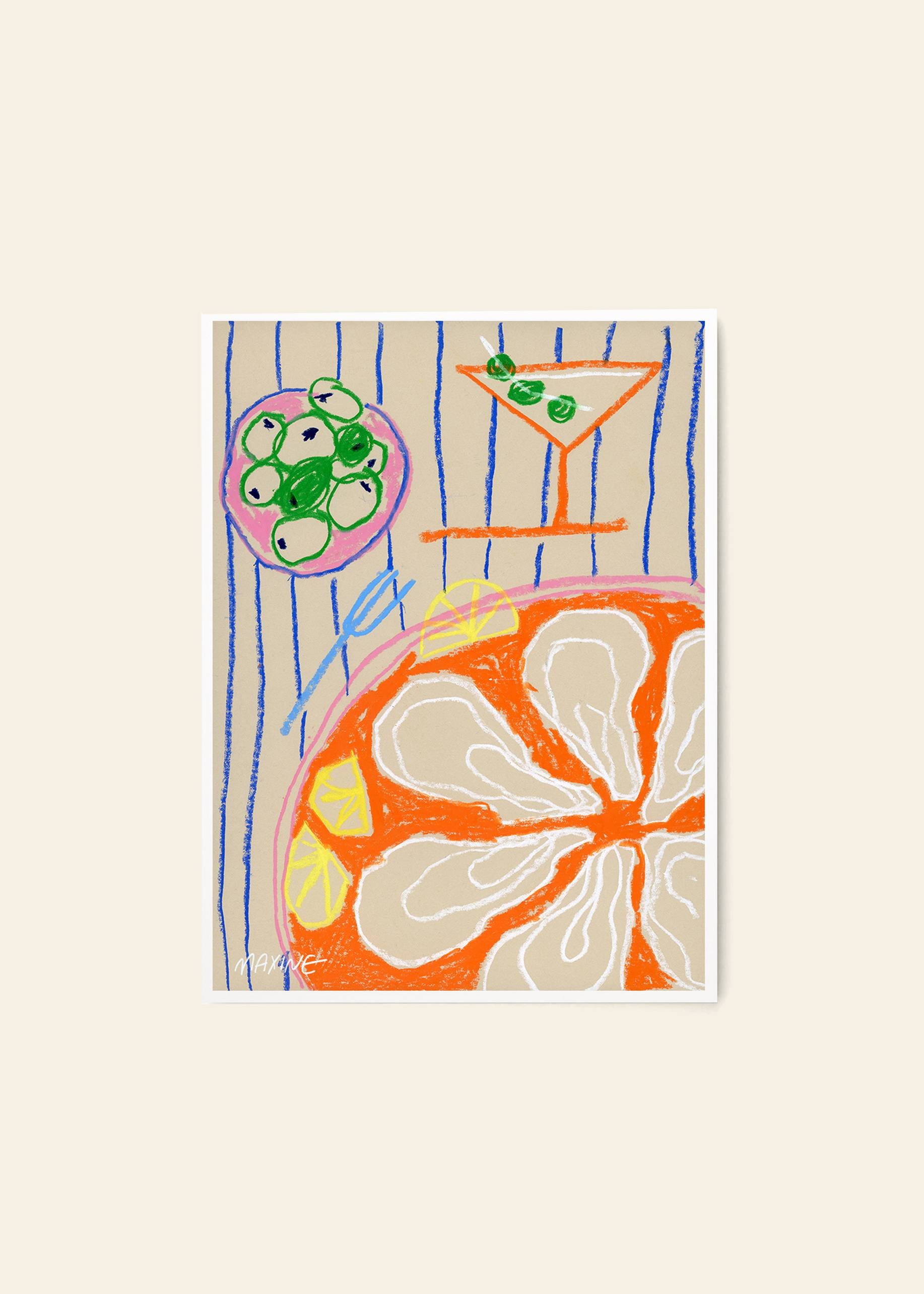 The Poster Club Maxine Mccrann - Martini And Oysters (50x70) features vibrant citrus, martini glass, and olives—available as a fine art giclée print on premium art paper from The Poster Club.