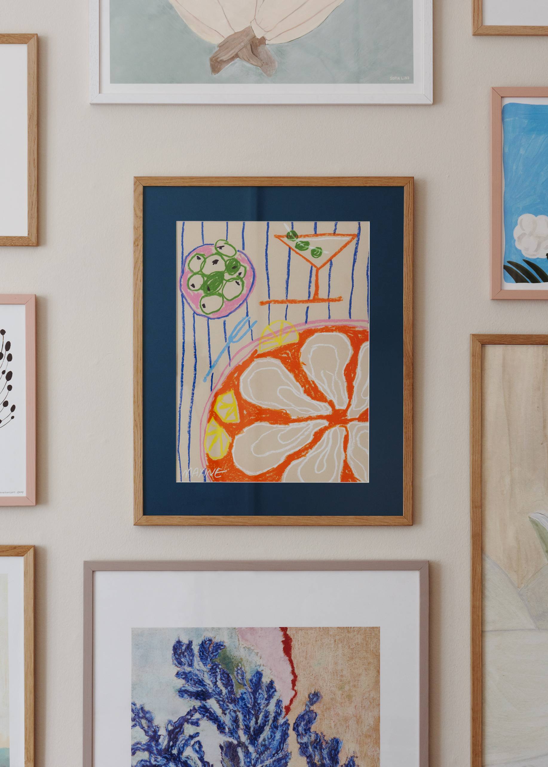 Framed giclée print Martini And Oysters (50x70) by Maxine McCrann for The Poster Club, featuring colorful art on premium paper—perfect to brighten any space.