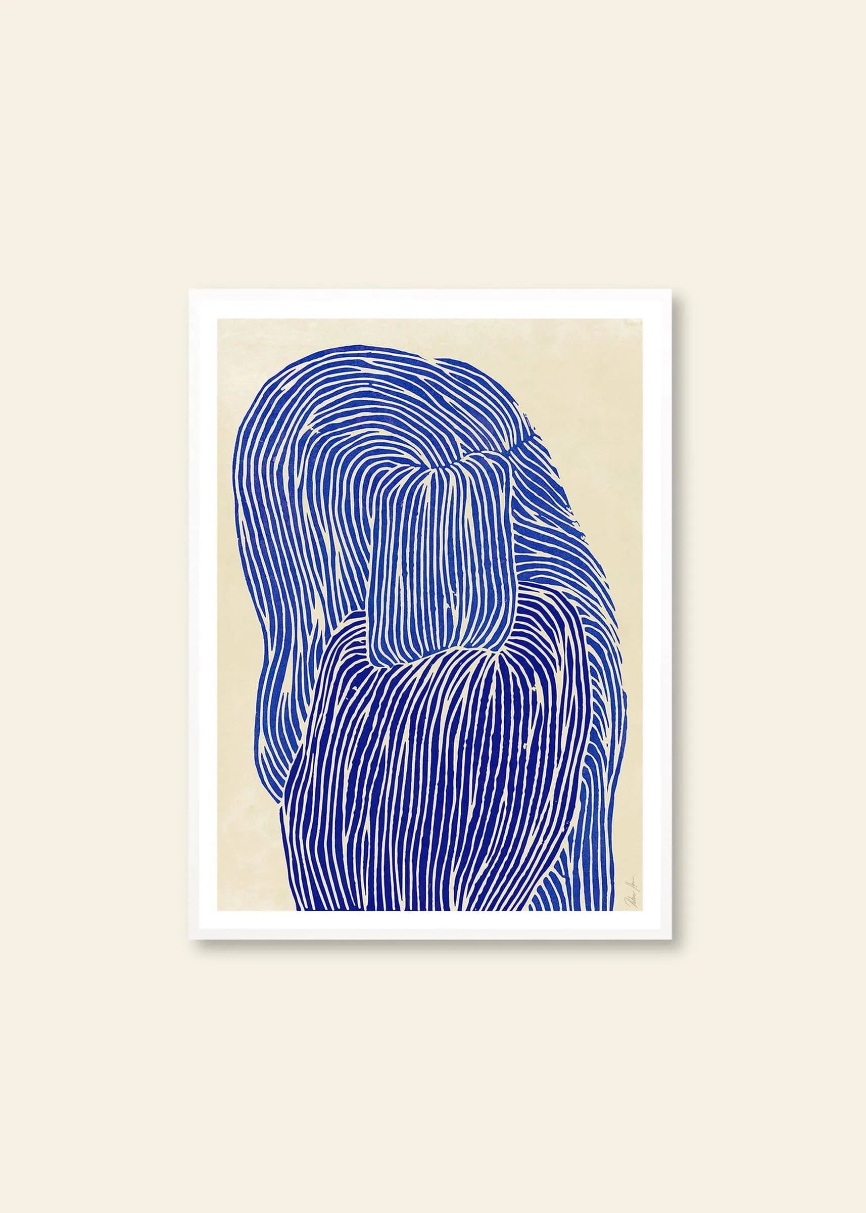 The Poster Club’s Rebecca Hein - Deep Blue (30x40) showcases blue, wavy lines forming two embracing figures on a beige background. This ocean-inspired artwork evokes movement and intimacy, elegantly framed in white.