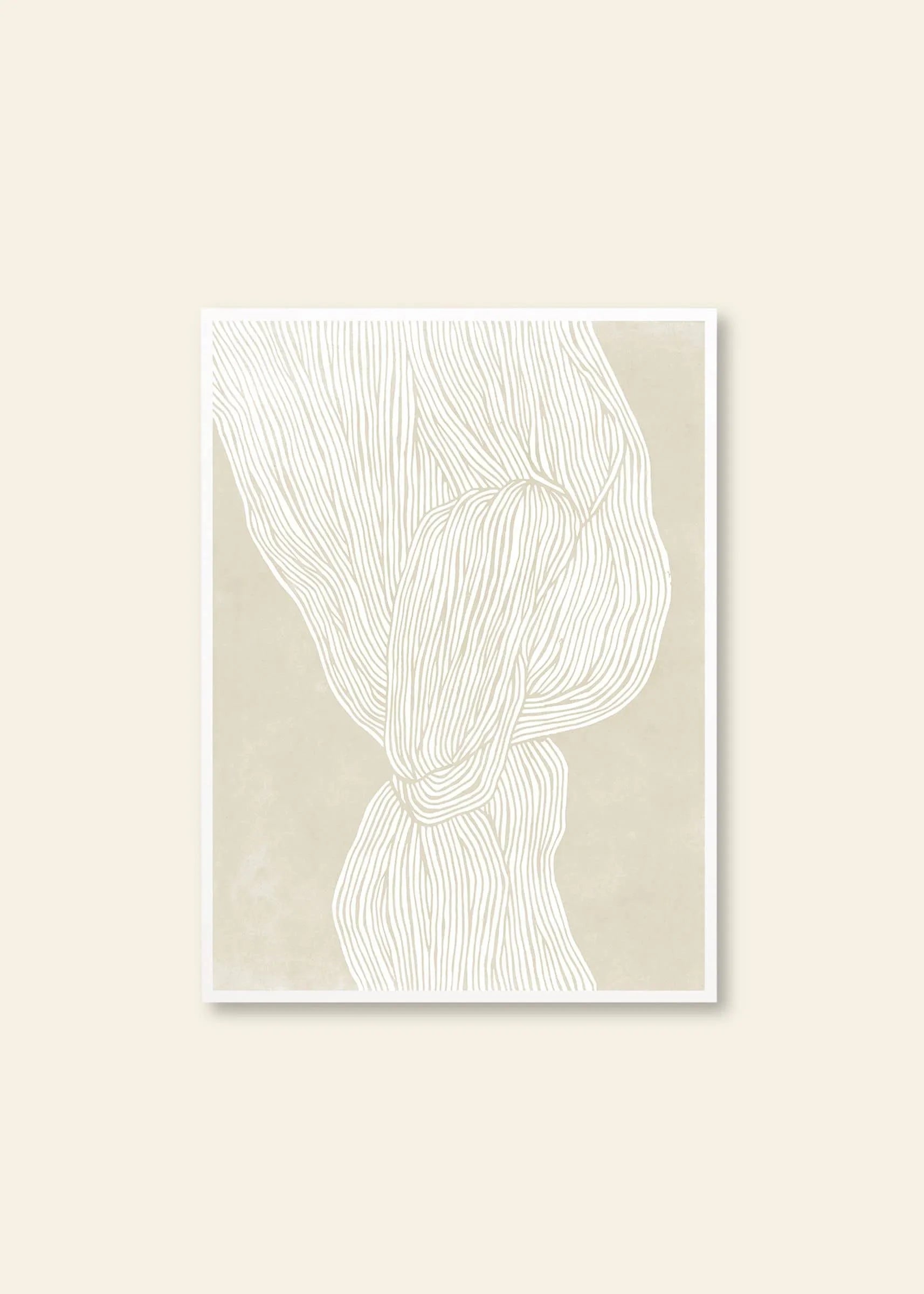 Rebecca Hein - The Line No. 7 (30x40) by The Poster Club features thin, white wavy lines forming an abstract knot on a beige background—ideal for lovers of Nordic-inspired minimalist decor and aesthetic sustainability.