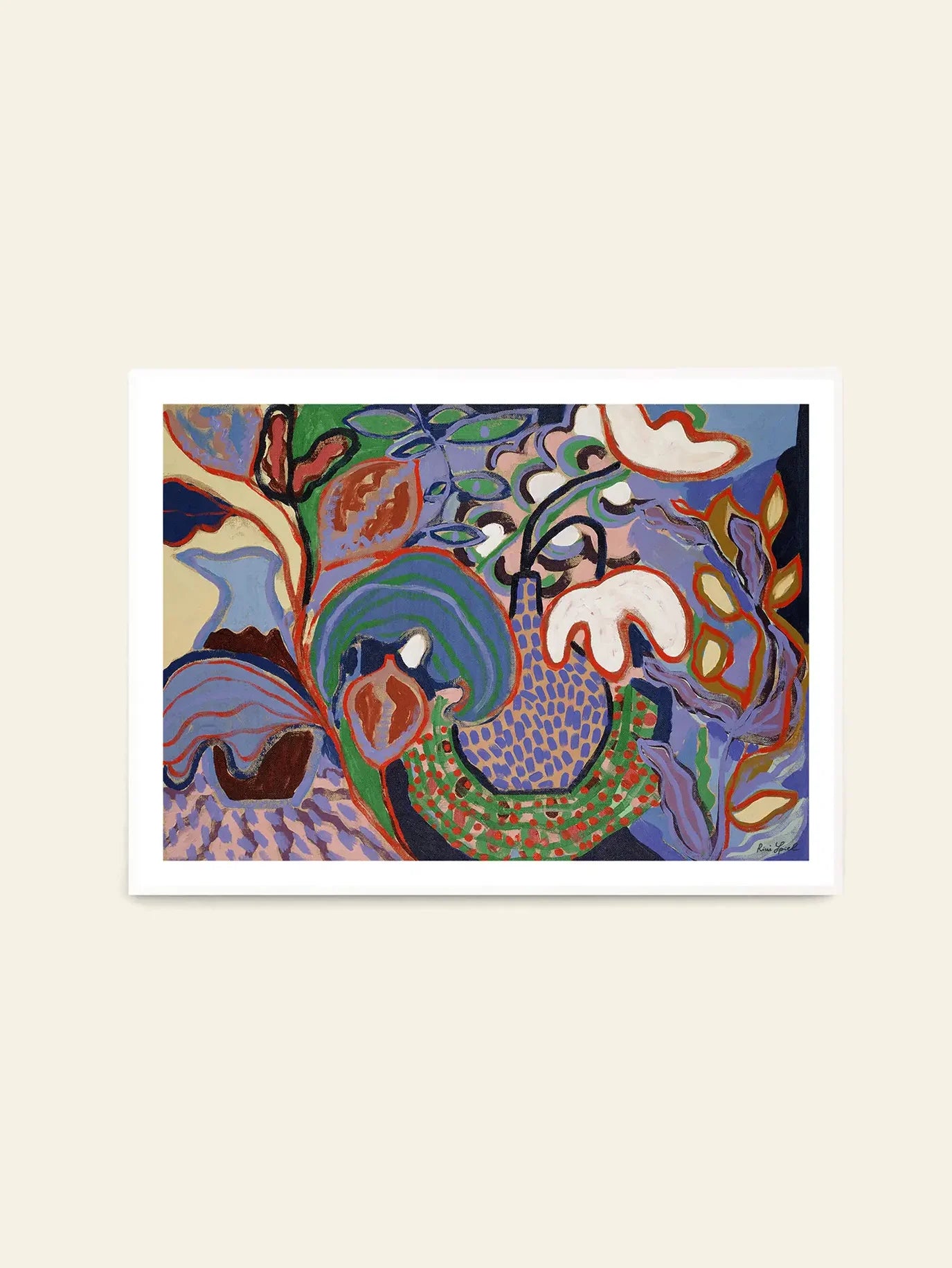 The Poster Club Rini Spiel - Felicity (50x70) by The Poster Club features bold, swirling shapes in vibrant red, purple, blue, and green with organic forms on a neutral background. Giclée print on premium art paper in a white frame.