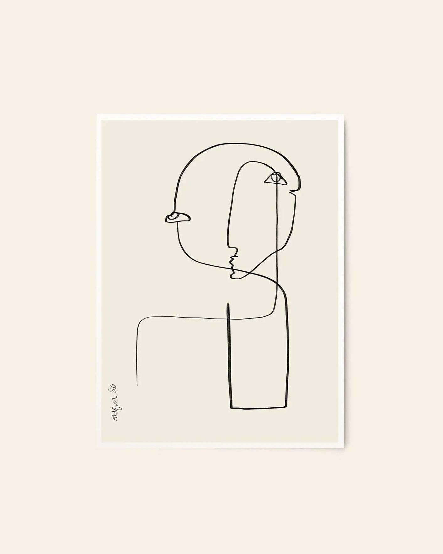 Sculpture No. 02 (50x70) by Robin Ahlgren for The Poster Club features an abstract, minimalist line drawing of a human face and shoulders in black on light beige, with simple details and two eyes.