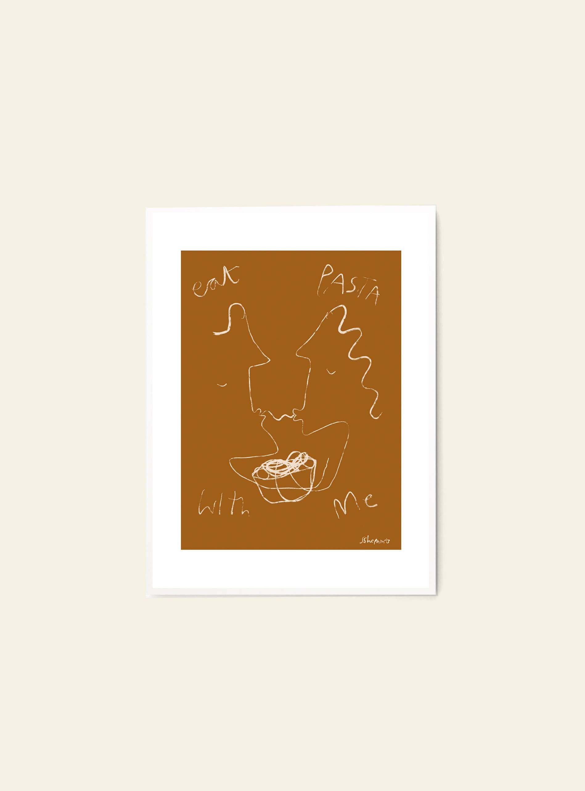 The Poster Club Ruby Hughes - Eat Pasta (30x40) print features a minimalist line drawing of two faces sharing a bowl of pasta, with “eat PASTA with Me” handwritten, displayed in a white frame on a beige and brown background.
