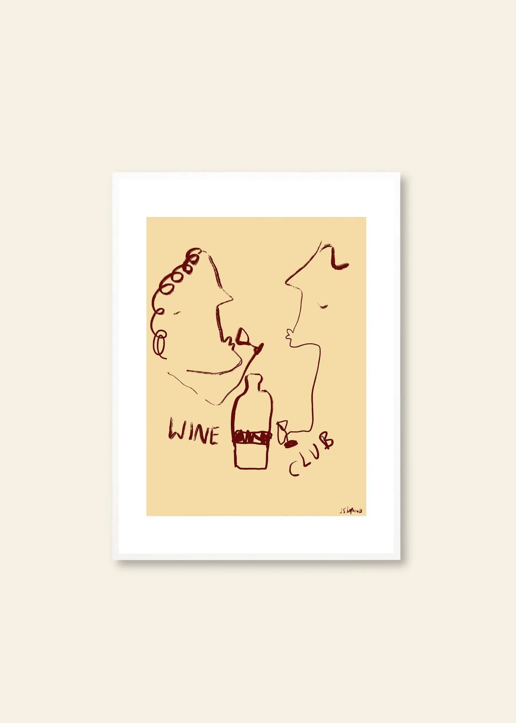 Ruby Hughes - Wine Club (30x40) by The Poster Club features two abstract faces sharing wine with a bottle between them and WINE CLUB below, all on a beige background. This elegant fine art print comes in a white frame.