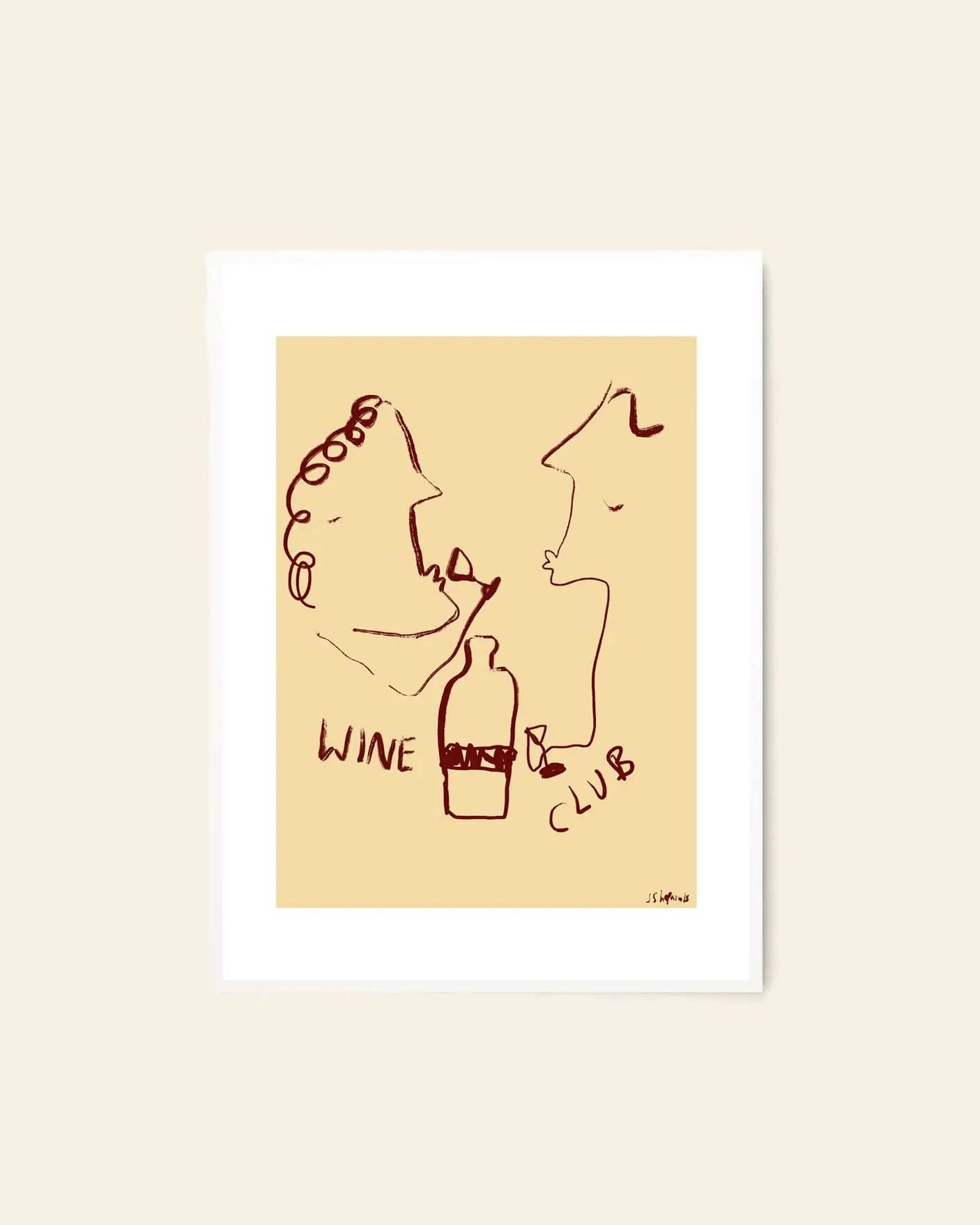 The Poster Club Ruby Hughes - Wine Club (50x70) is a fine art giclée print featuring minimalist line drawing of two faces with wine glasses and a bottle, plus WINE CLUB text on beige. Available at The Poster Club.