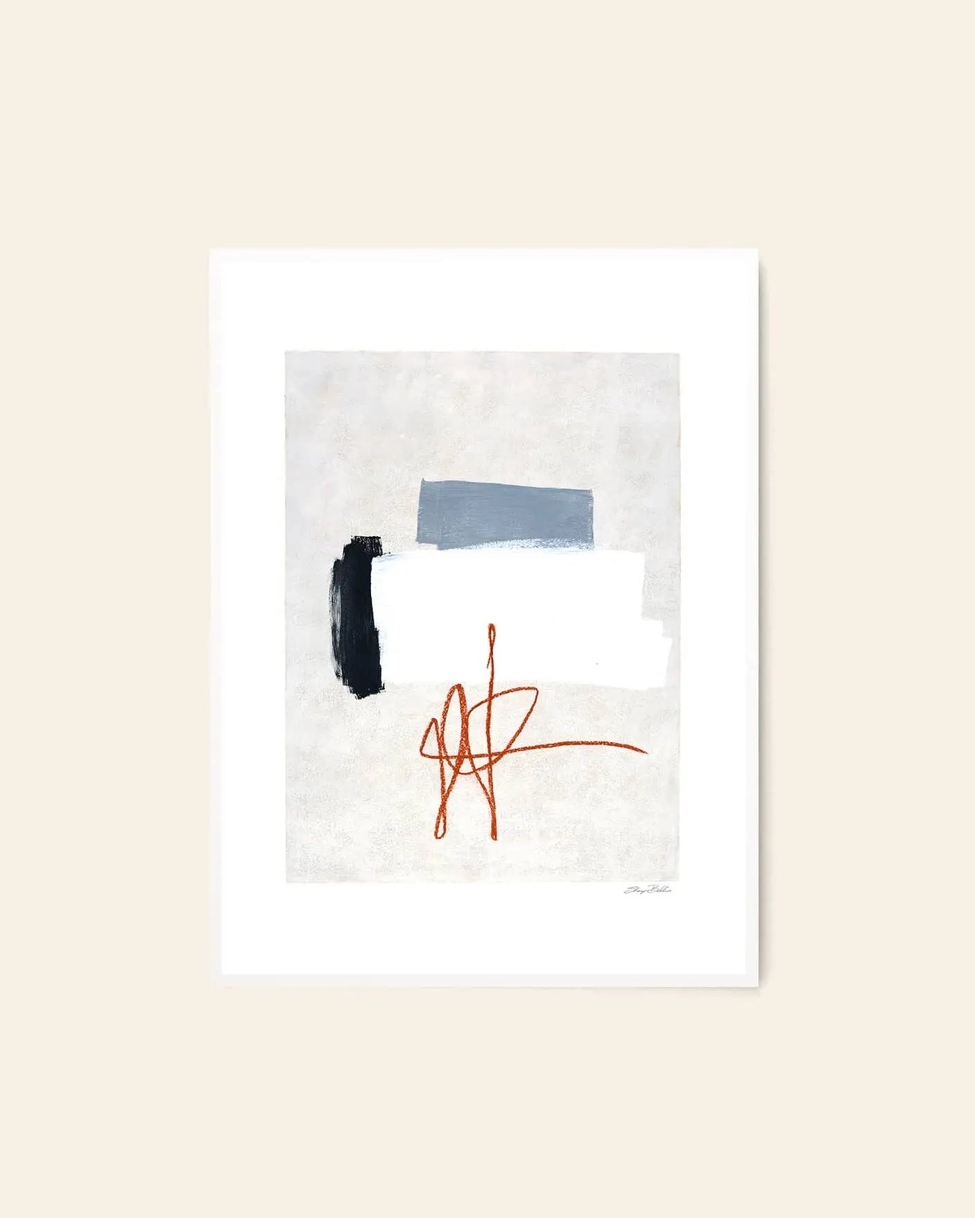 The Poster Club Sheryn Bullis - Dancing Downtown (50x70) features abstract overlapping white, gray, and black brushstrokes with a bold orange squiggle on a light background in a white frame. Available at The Poster Club.