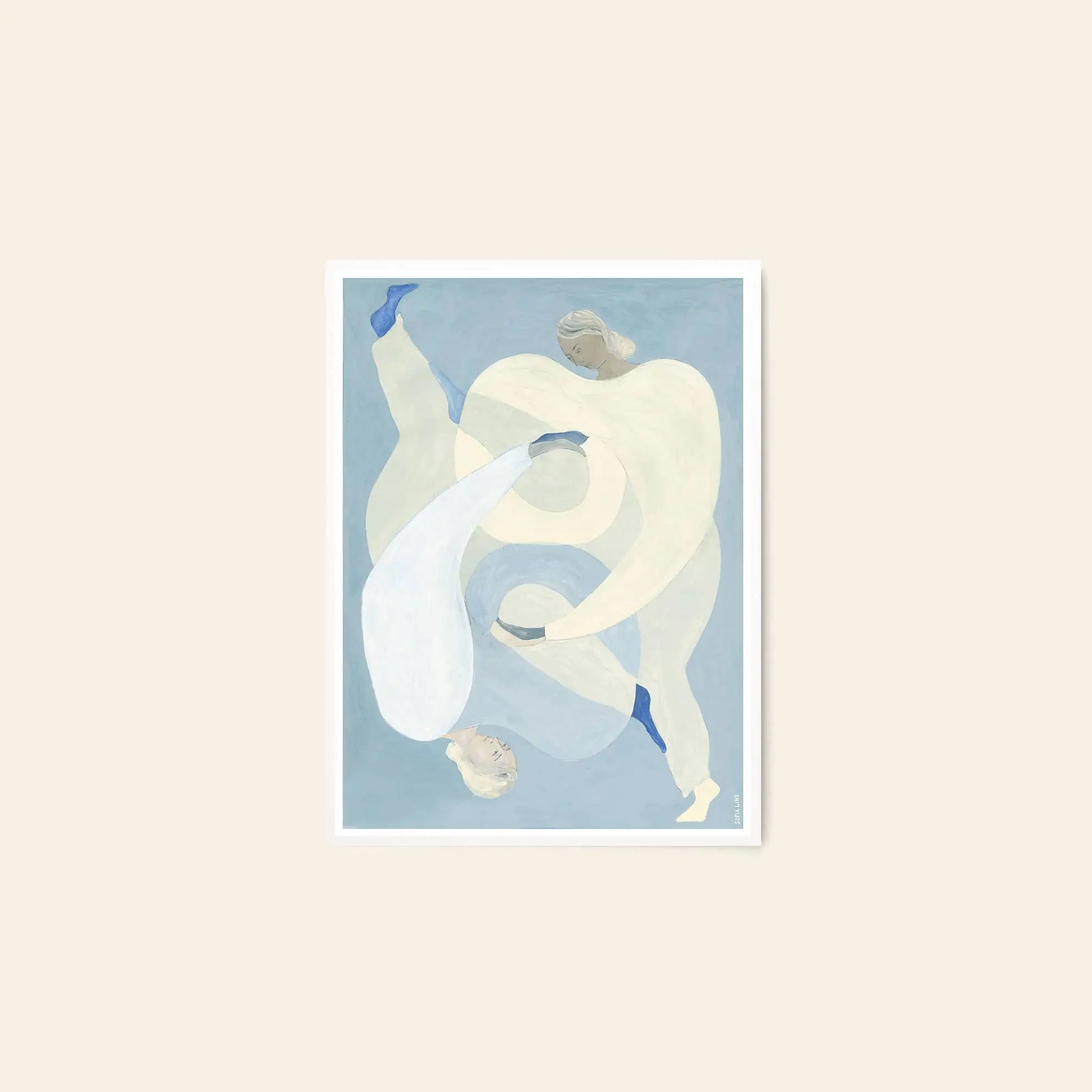 The Poster Club Berit Mogensen Lopez - Improvise (50x70) art print features two pale figures with blue socks intertwined on a soft blue background, mounted on a light beige wall. Brand: The Poster Club.