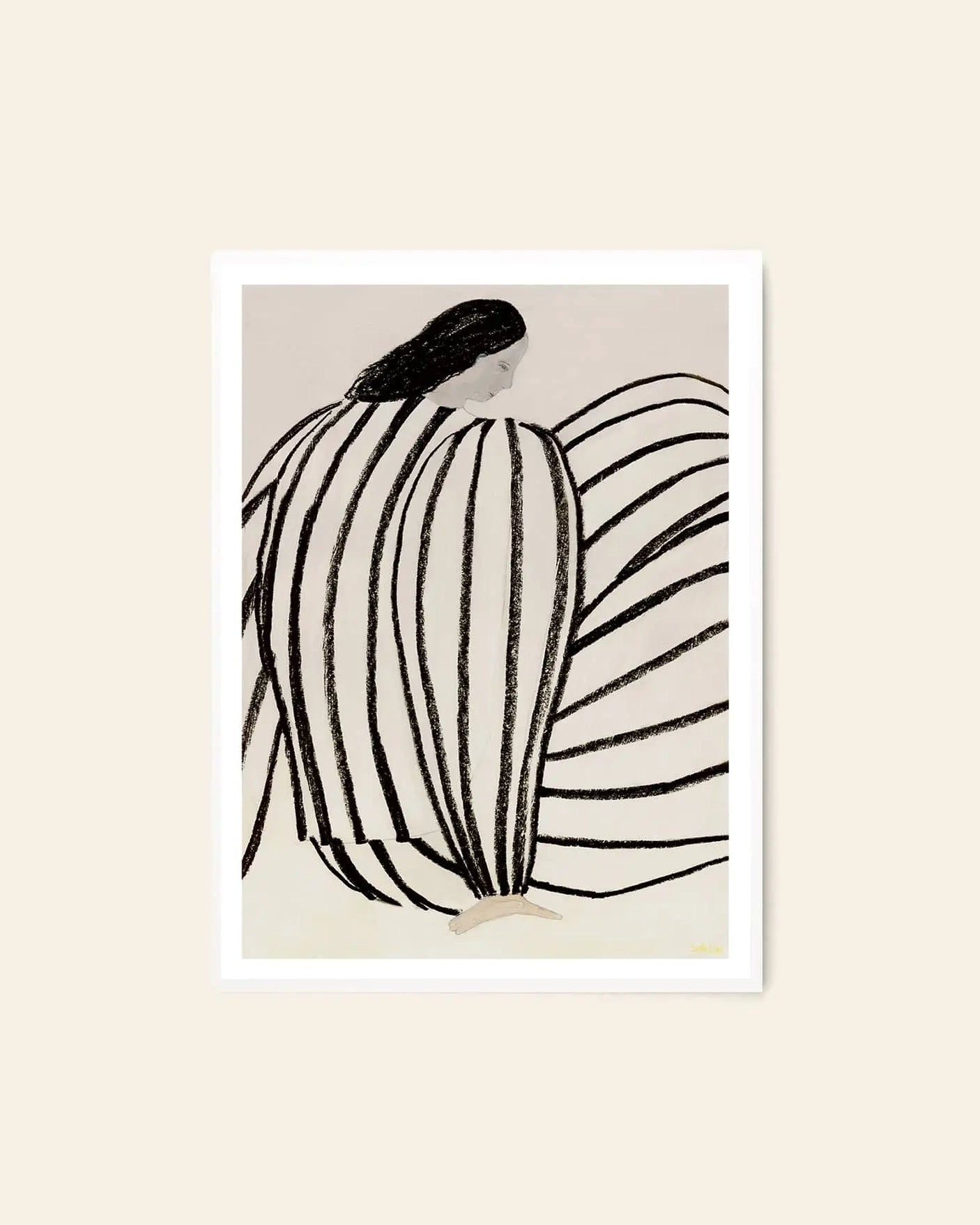 The Poster Club Sofia Lind - You (50x70) features a minimalist giclée print of a woman with long dark hair in a bold striped dress, set against an off-white background in a white frame, showcasing Sofia Lind’s signature elegant style.