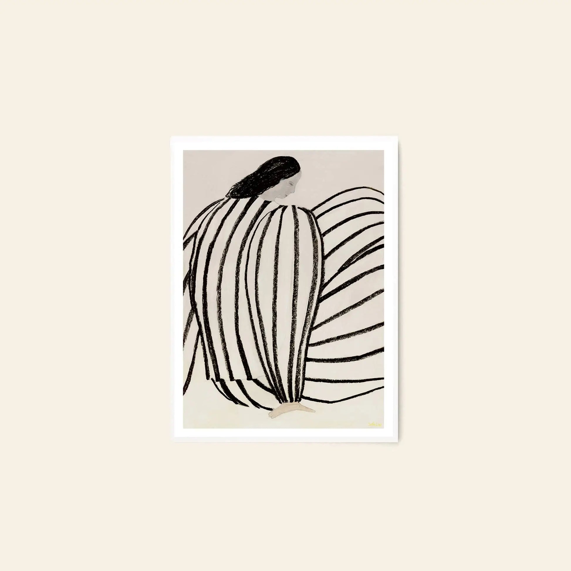 The Poster Club Berit Mogensen Lopez - Bloom (50x70) is a minimalist art print featuring a figure with long dark hair in stripes, elegantly bordered in crisp white for a striking finish. From The Poster Club.