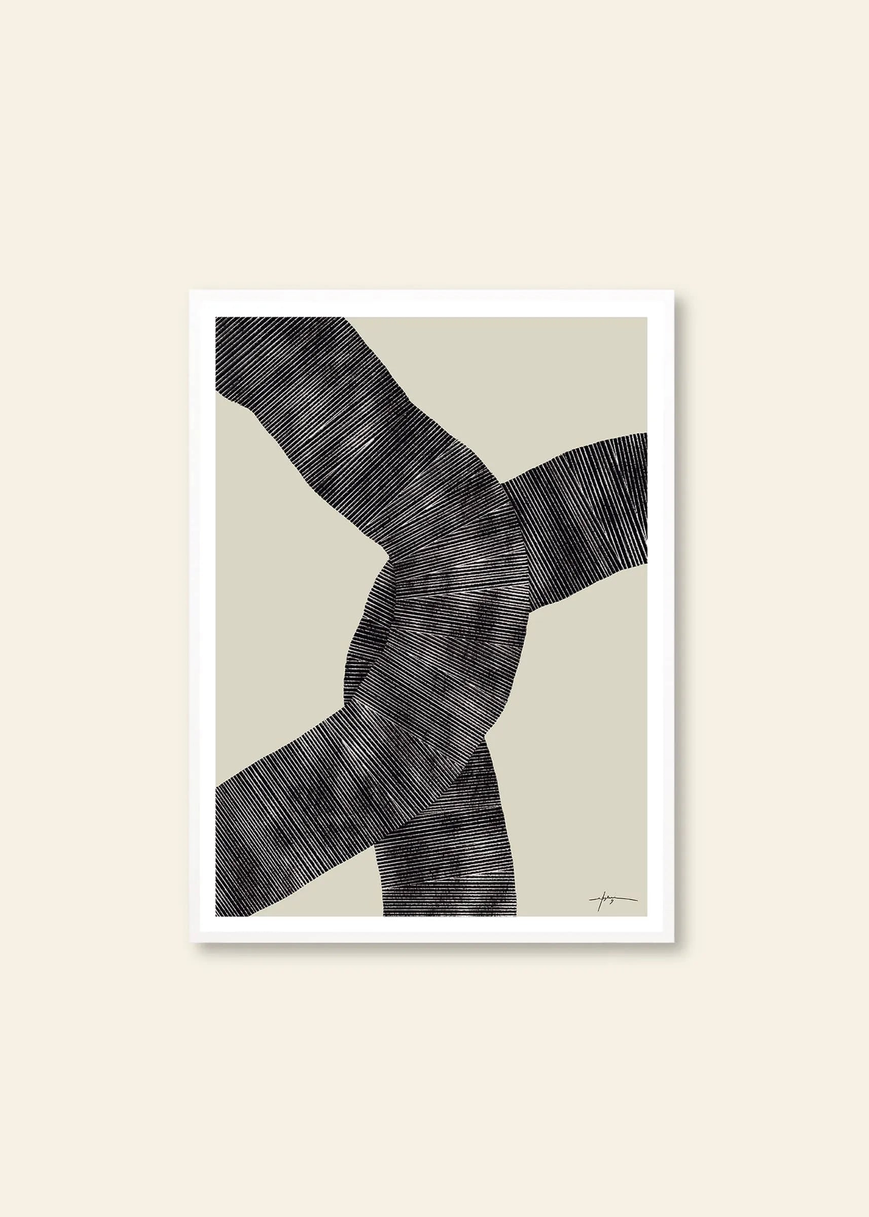Studio Paradissi - Abstract 697 (30x40) by The Poster Club features two black textured bands overlapping on a beige background, enhanced with thin horizontal lines for depth. Framed with a white mat and frame, this giclée print reflects Scandinavian design.