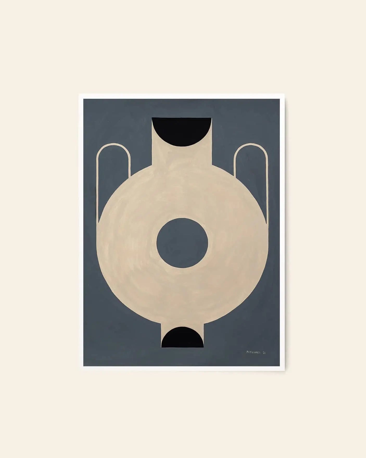 The Poster Club Studio Paradissi - Circular Vase (50x70): Minimalist abstract art featuring a beige symmetrical shape with a central hole, dark gray background, black semicircles, and U-shaped lines. Fine art giclée print for archival conservation.