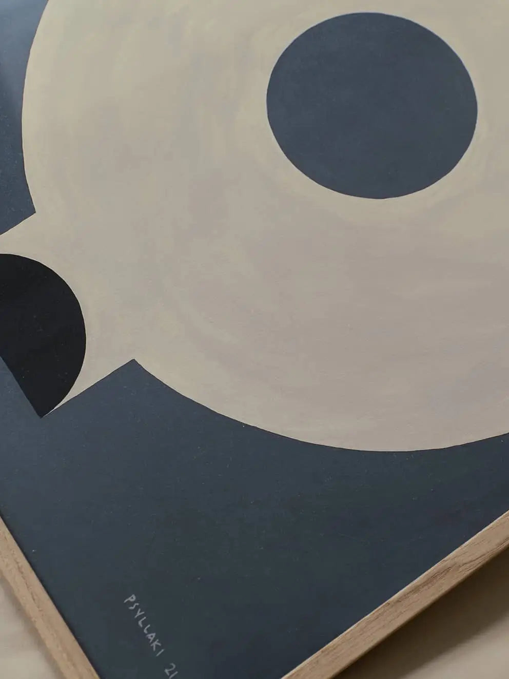 The Poster Club Studio Paradissi - Circular Vase (50x70) art print features abstract shapes on a dark background, including a large beige circle, a smaller dark circle, and a black semicircle. Signed Pavlak 21 in the corner.