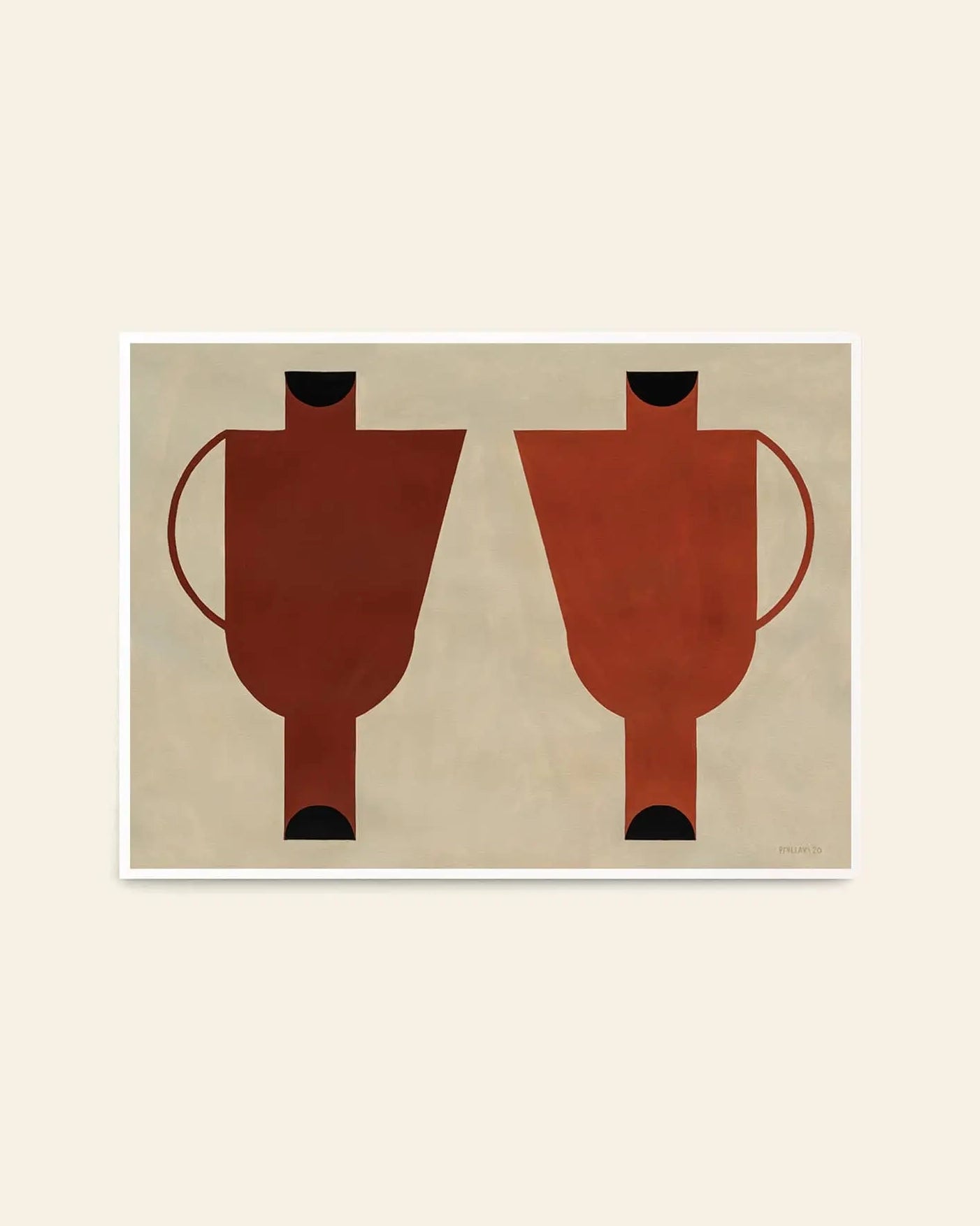 The Poster Club Studio Paradissi - Dialogues 03 (50x70) features two symmetrical reddish-brown jugs with handles and black accents on a light beige background, printed as a premium giclée art poster by The Poster Club.
