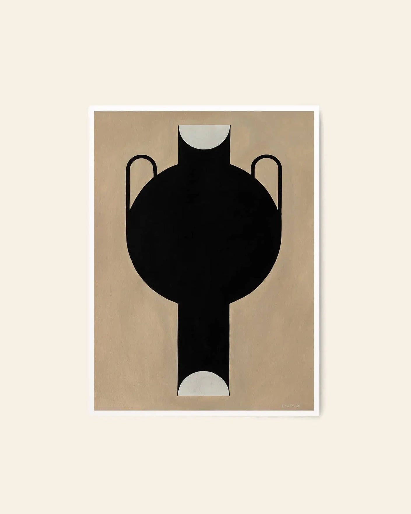 The Poster Club Studio Paradissi - Silhouette Of A Vase 07 (50x70) features minimalist, abstract vase art with two handles on a beige background, accented by white semicircles for a bold, modern fine art print.