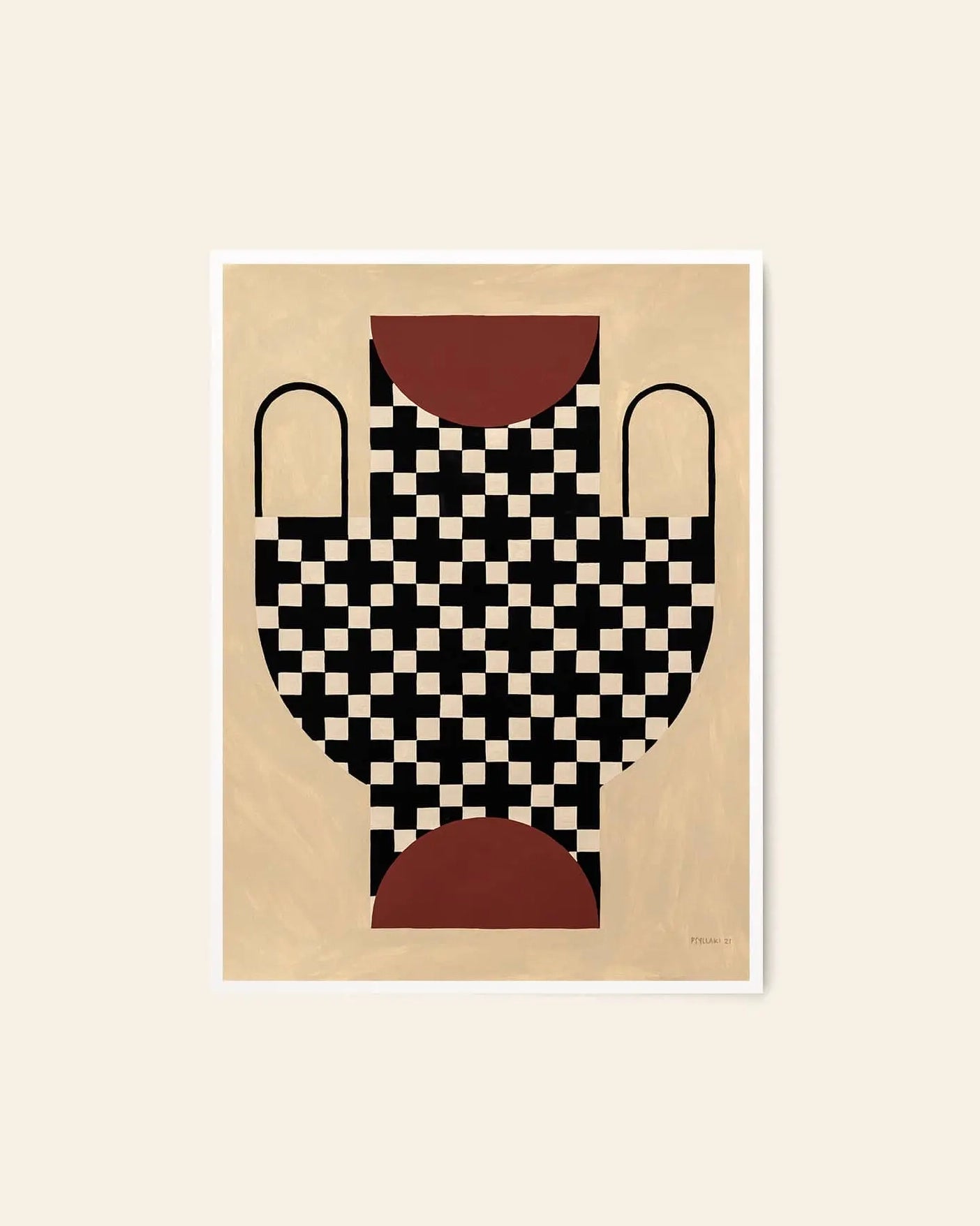 The Poster Club Studio Paradissi - Vase With Cross Pattern (50x70) is a premium giclée art print featuring a symmetrical vase with black handles, a checkerboard pattern, and red accents on archival-quality paper by The Poster Club.