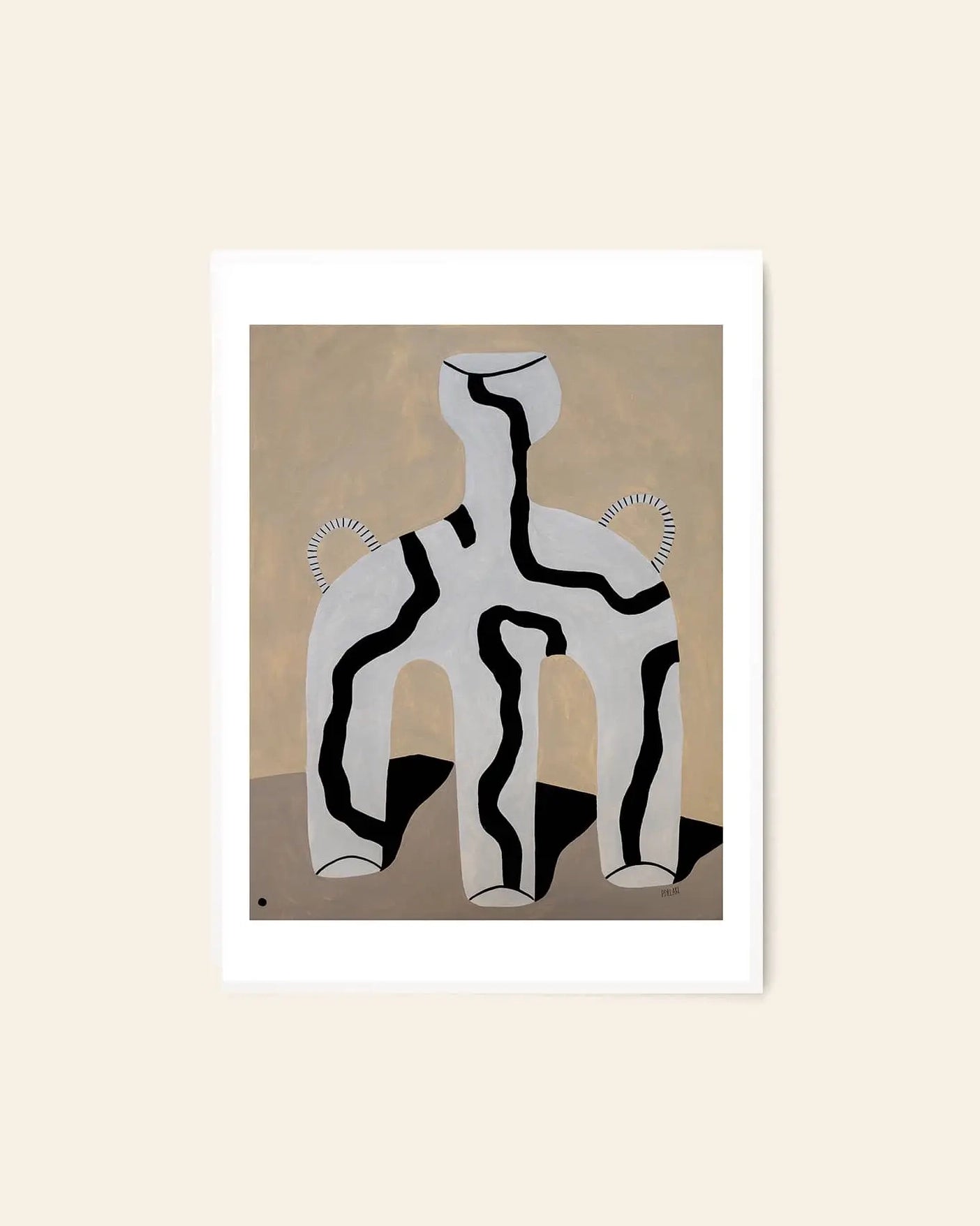 The Poster Club Studio Paradissi - Veins 01 (50x70) art print showcases a gray four-legged figure with black wavy lines and circles on beige, giclée printed and white framed, displayed against an off-white wall.