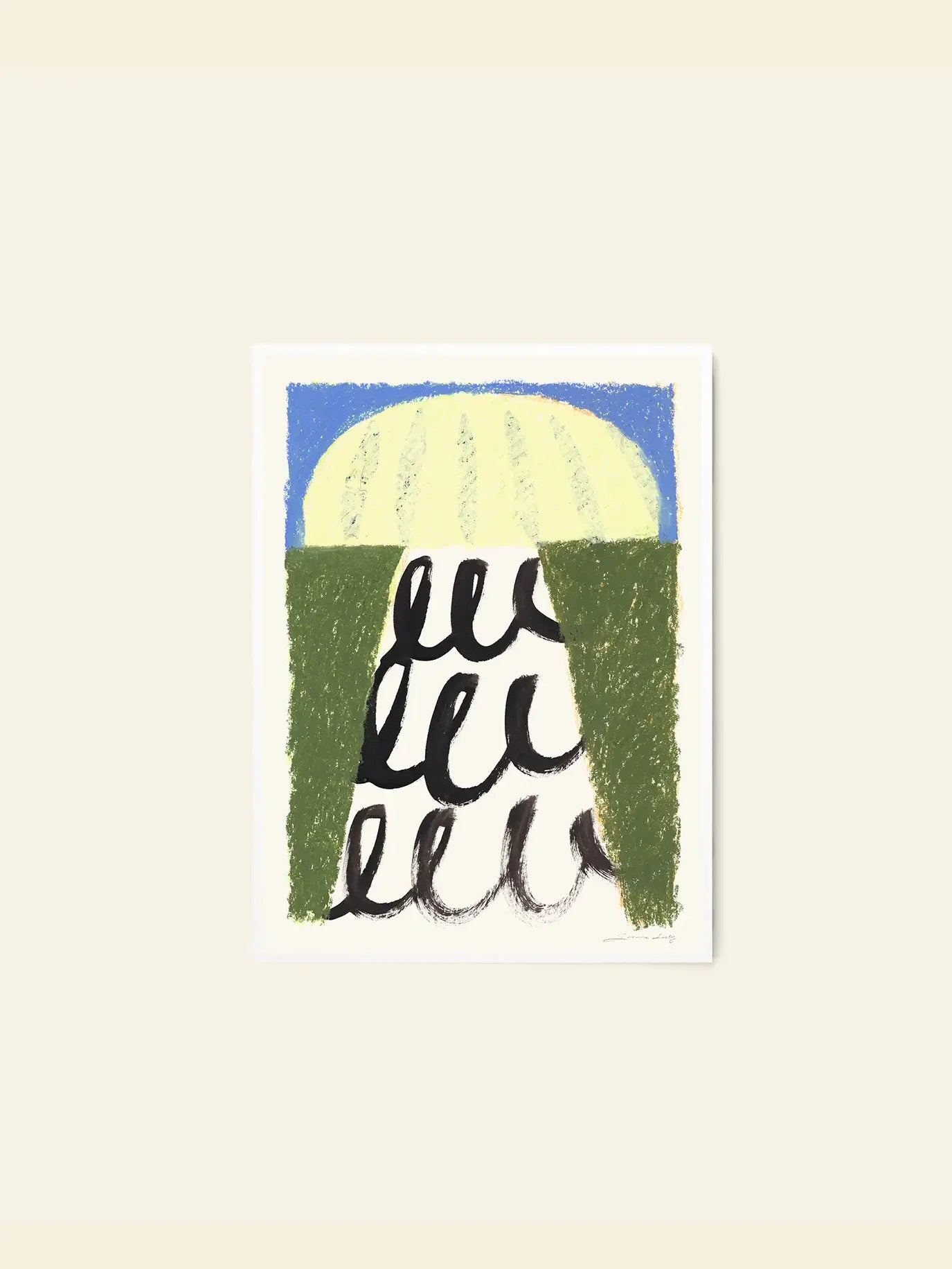 The Poster Club Suzanne Lustig - Energize (30x40) features abstract art with green curtains framing a yellow half-circle on a blue background, accented by black vertical curly lines. A striking print from The Poster Club.