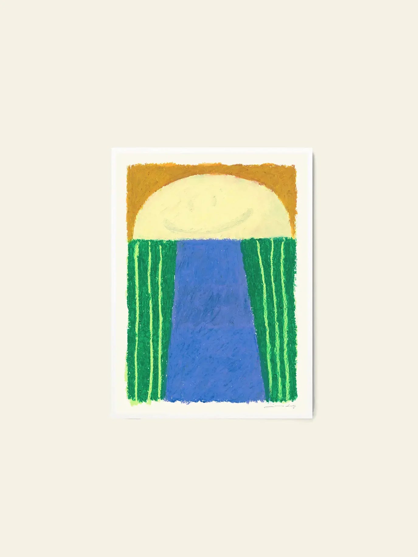 The Poster Club Suzanne Lustig - Laughing Jim (30x40): An abstract art print with a yellow semicircle, vertical green lines, and a blue triangle on a brown and white background. Available at The Poster Club.