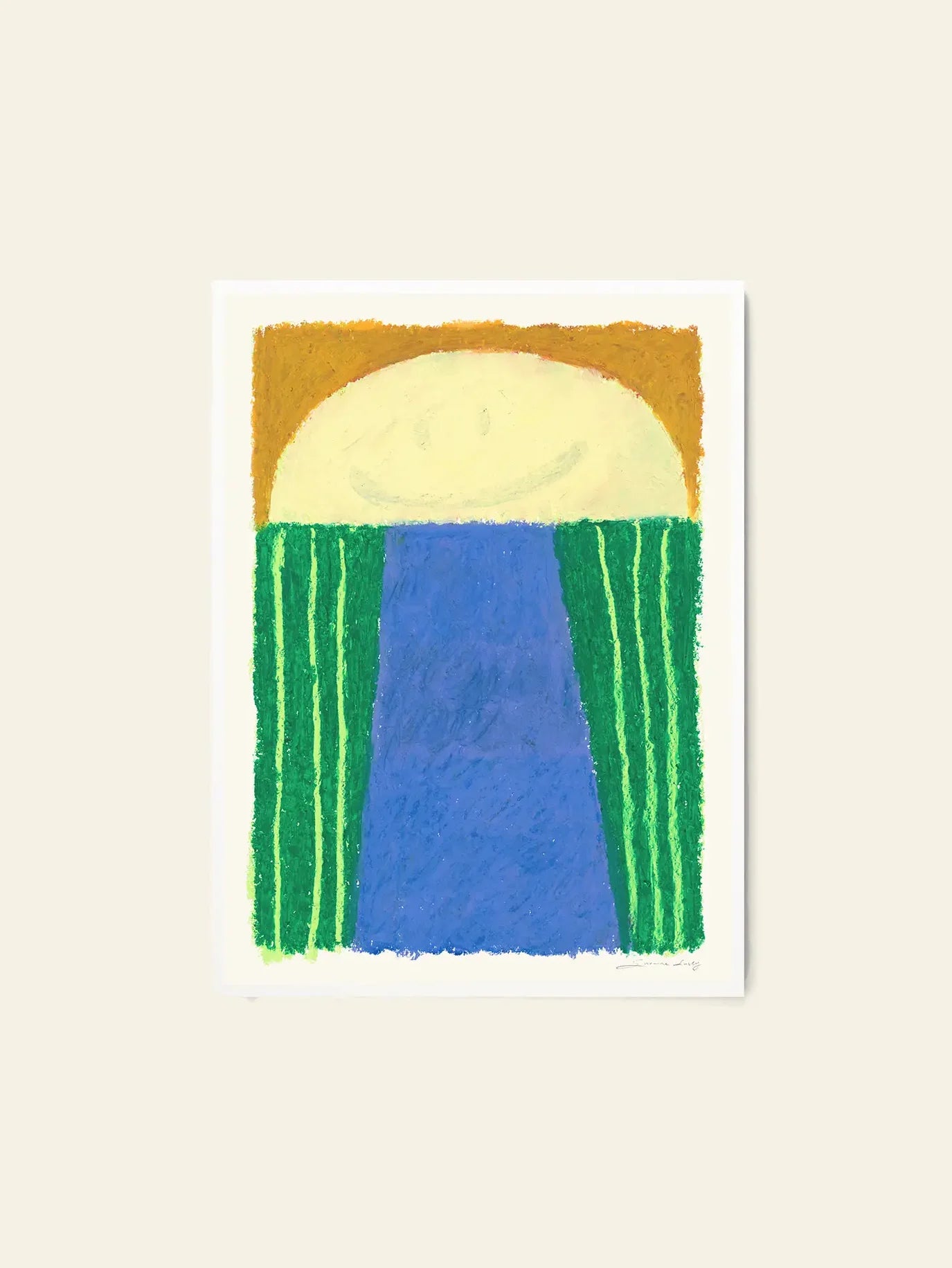 Laughing Jim (50x70) by Suzanne Lustig for The Poster Club is an abstract art print featuring a yellow semicircle over a blue trapezoid with green vertical stripes on white, evoking a stylized sun, river, and grass.