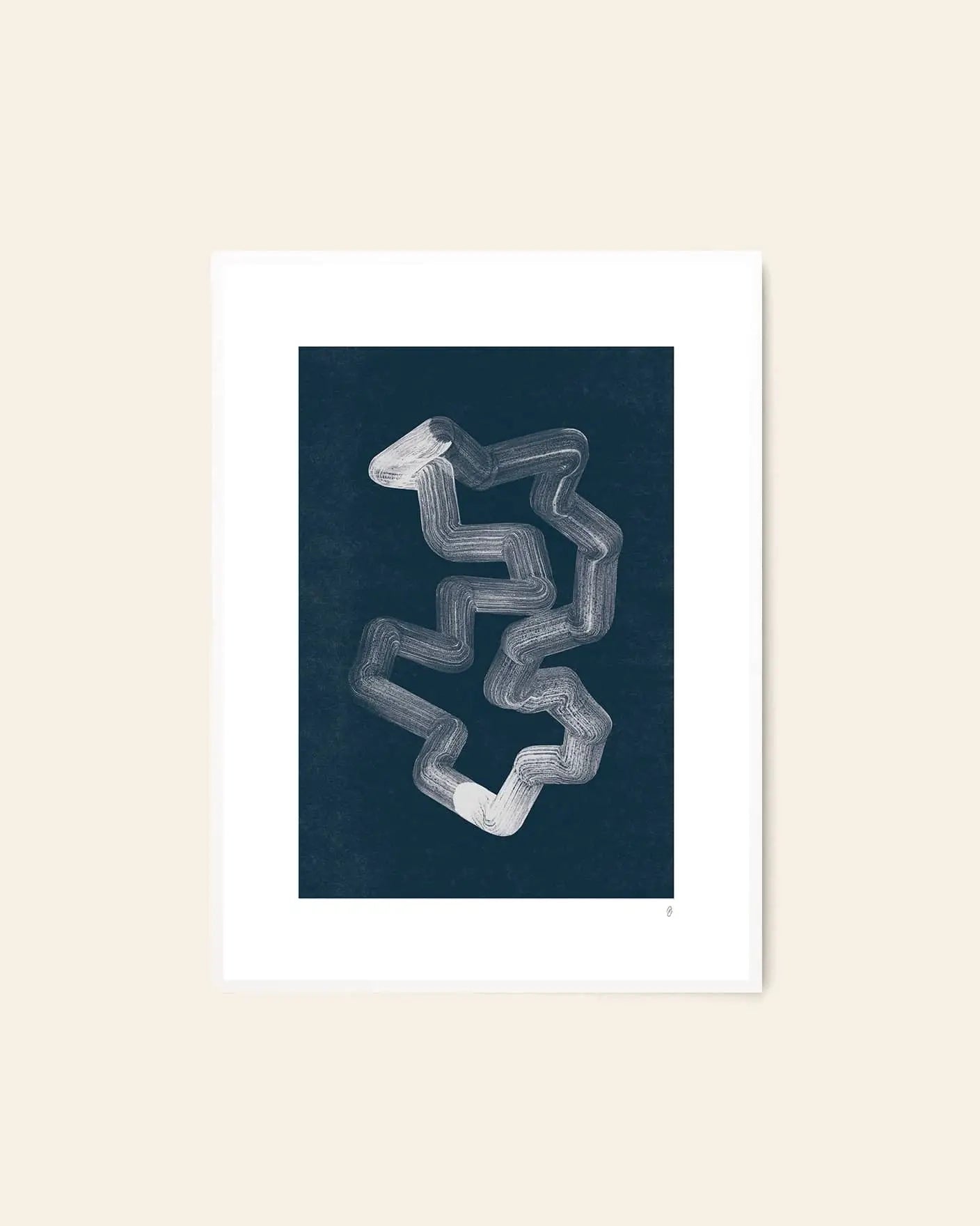 The Poster Club Tenna Elisabeth Studio - Lineshape 02 (50x70) print features a white zigzag brushstroke on dark blue, centered on a white mat and displayed against a light beige wall.