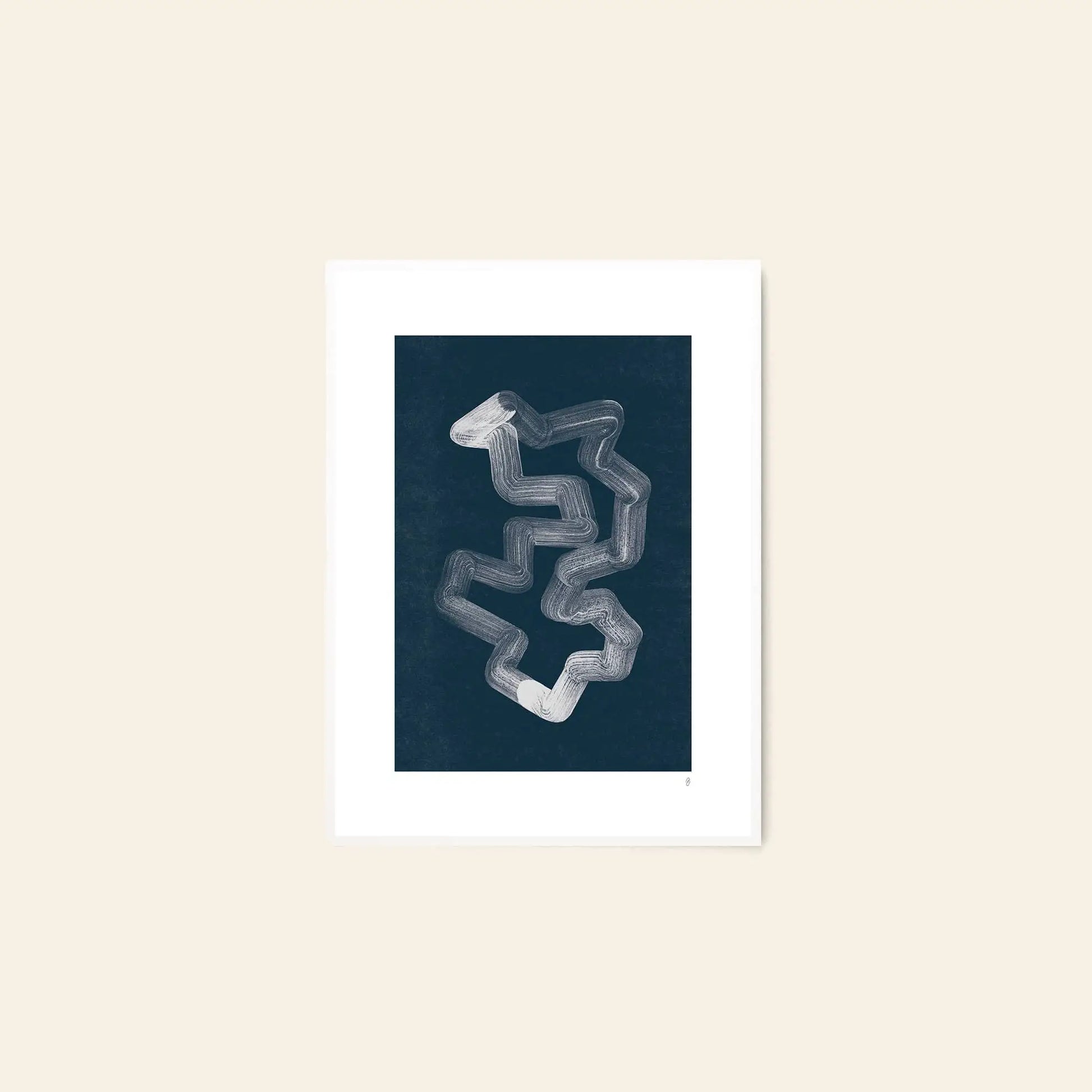 The Poster Club’s Jaguar 01 by Anastasia Krasilnikova (50x70) features a wavy white zigzag on dark blue, shown framed against a light beige wall. Available from The Poster Club.