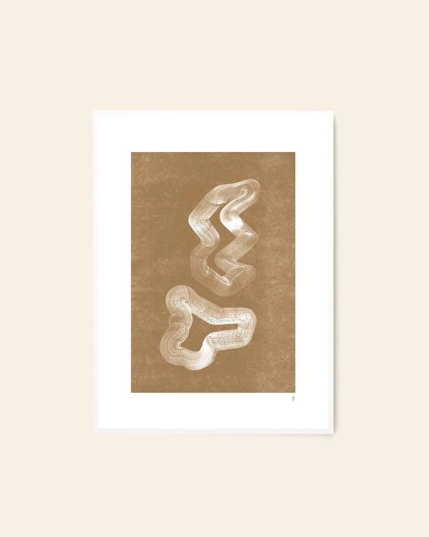 The Poster Club Tenna Elisabeth Studio - Lineshape 03 (50x70) art print features abstract wavy white lines on a brown textured background, displayed in a white mat and frame against a beige wall.