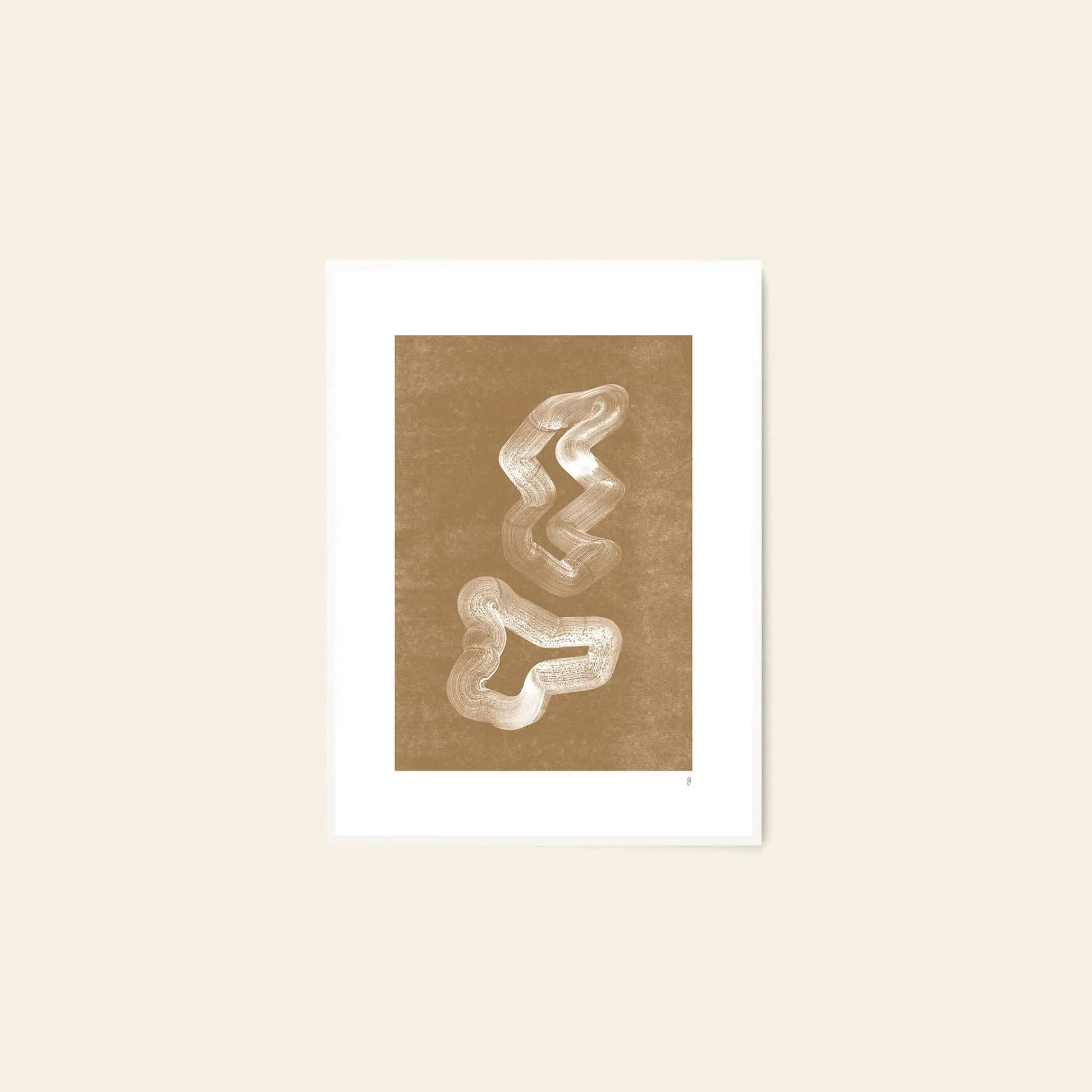 The Poster Club Anastasia Krasilnikova - Jaguar 01 (50x70) is a minimalist art print featuring two abstract white wavy shapes on a textured brown background, perfect for adding a refined touch to any space. Available at The Poster Club.