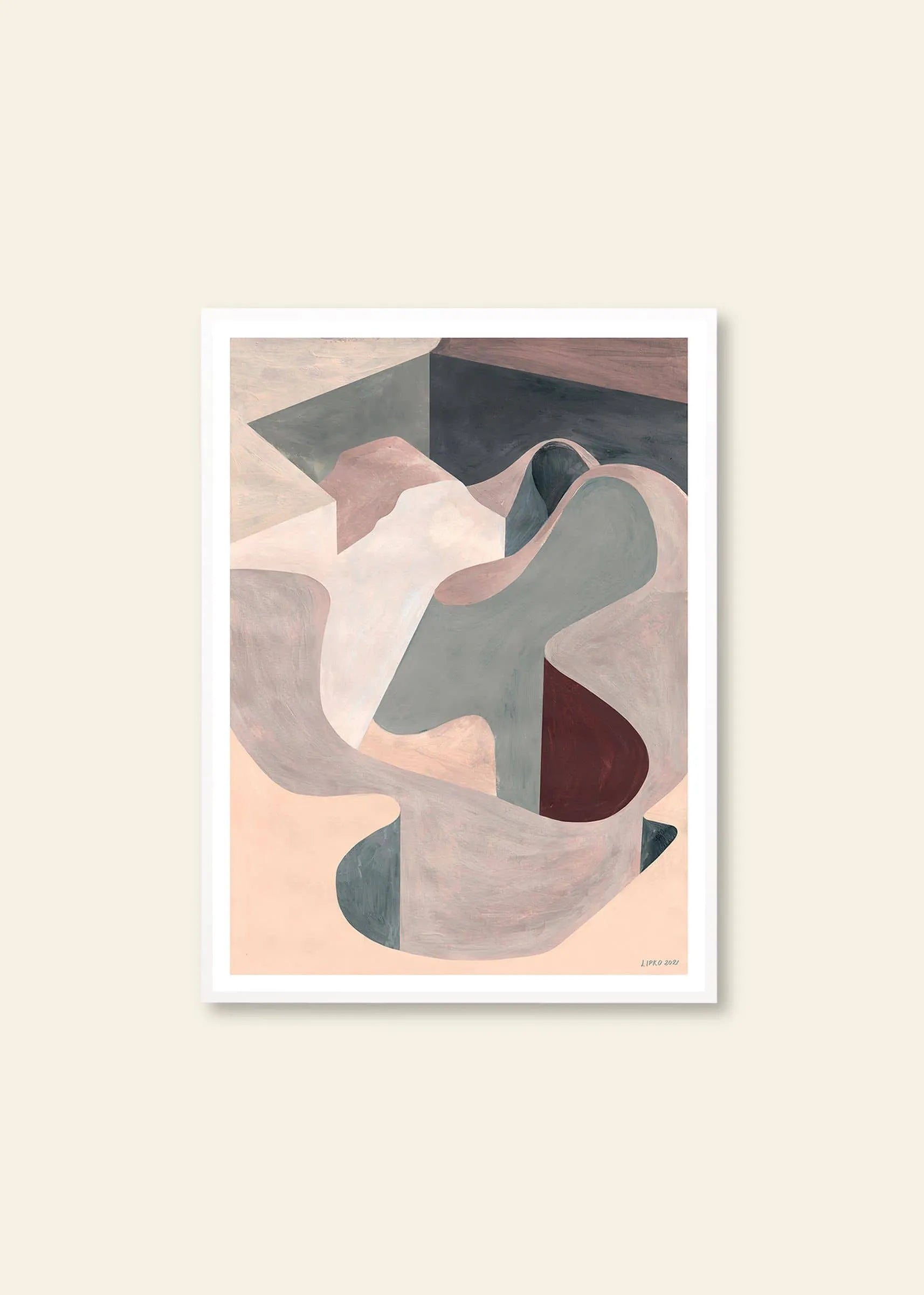 The Lipko Project - Empty Skatepark 02 (30x40) by The Poster Club features flowing, overlapping forms in muted beige, gray, pink, and maroon as a fine art giclée print with a white border on a light background.