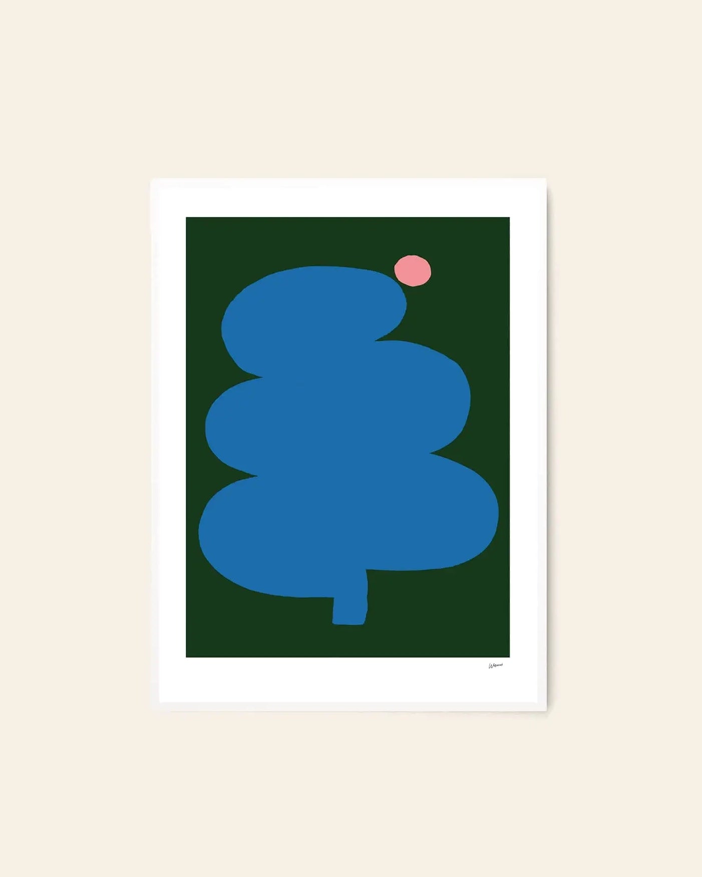 The Poster Club Wensi Zhai - Fat Tree Pink Moon (50x70) is a giclée print featuring a minimalist blue tree with three rounded layers and a pink moon, set on a dark green background—perfect modern art for stylish interiors.
