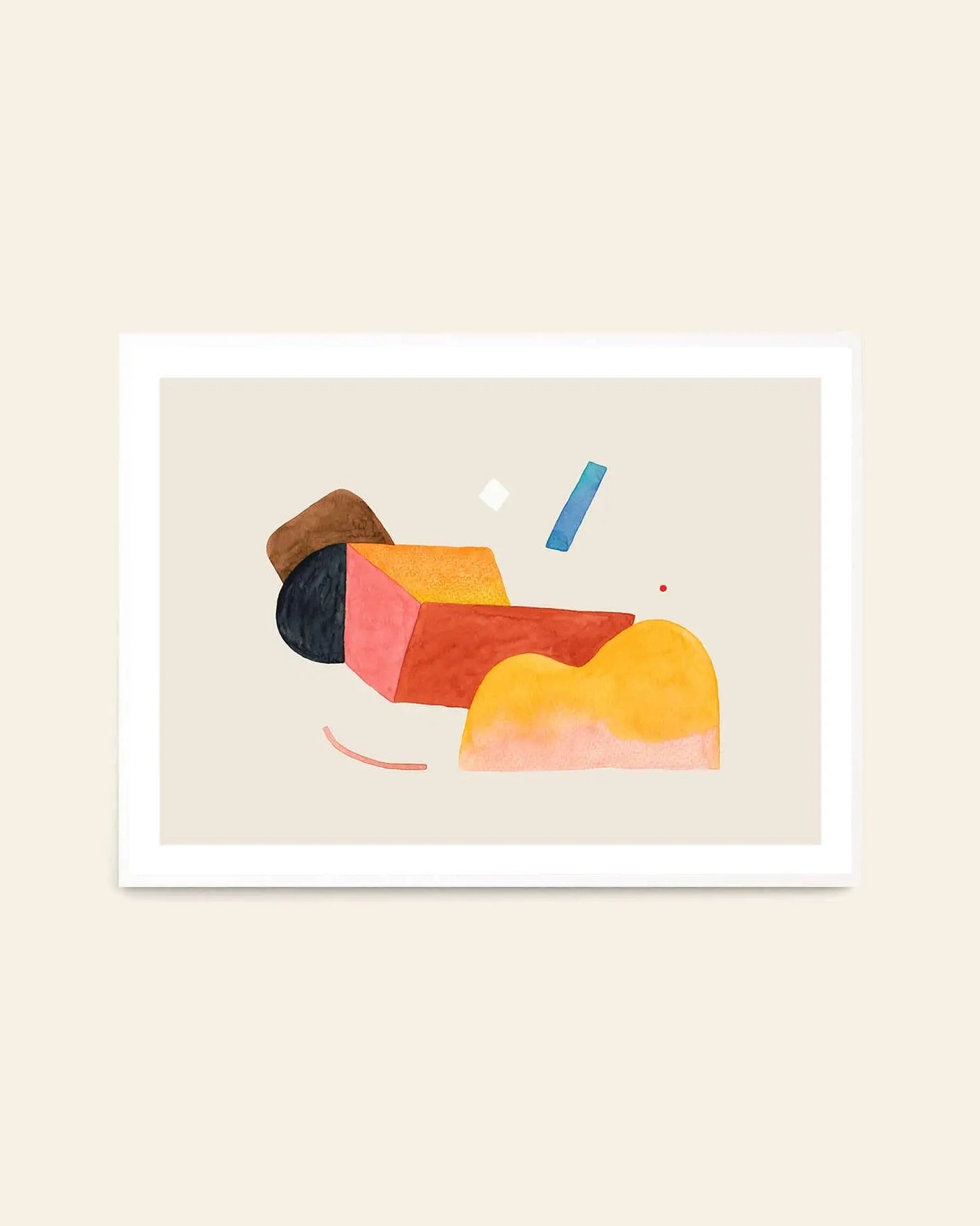 The Poster Club Wensi Zhai - Visual Flow (50x70): A giclée print of abstract fine art with warm geometric shapes, blue rectangle, white diamond, and a red dot on beige—framed in white.