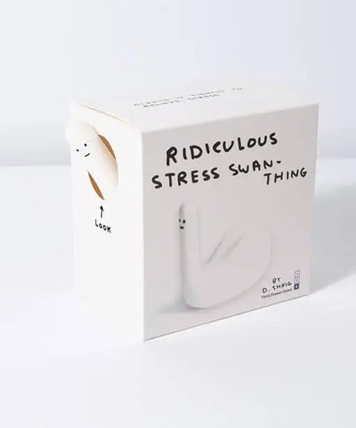 The Third Drawer Down David Shrigley - Ridiculous Stress Swan-Thing features quirky swan art and “LOOK” on its white box, making this unique stress toy a playful, stress-busting gift.