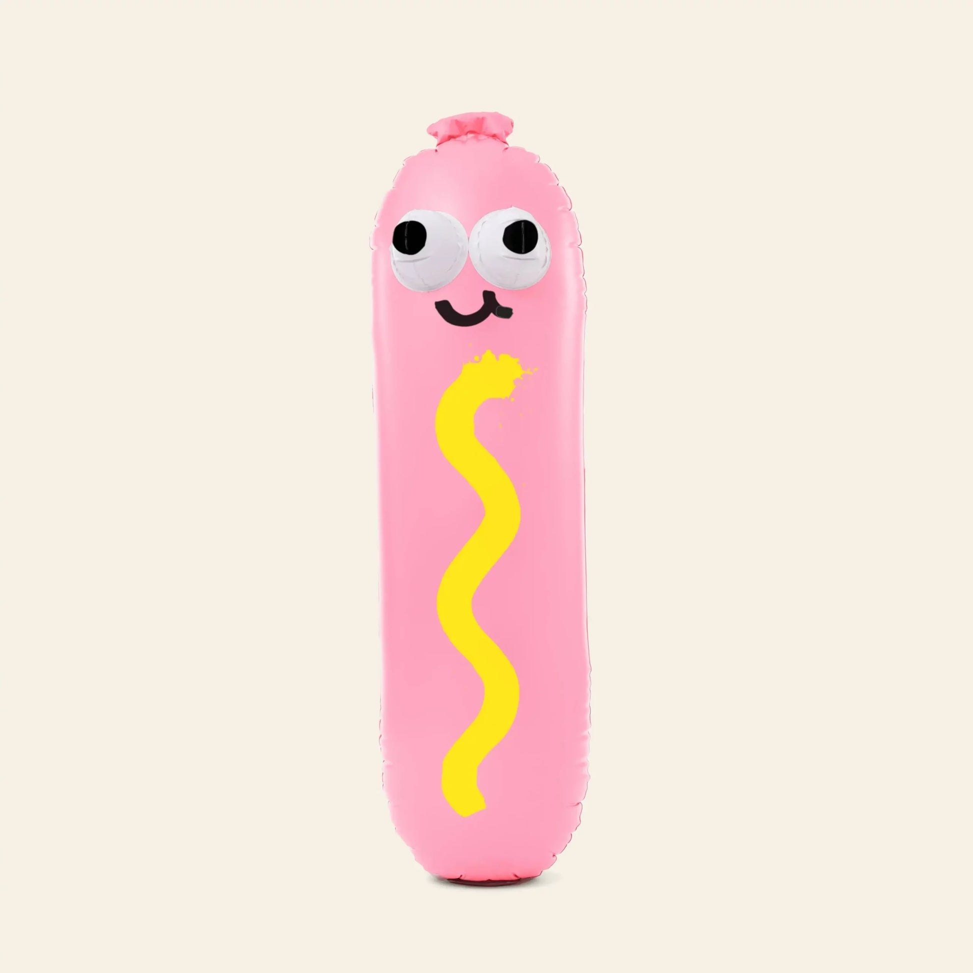 The Third Drawer Down Jon Burgerman - Hot Diggity Dog Pool Float, by Third Drawer Down, is a pink sausage-shaped inflatable with googly eyes, a smile, and wavy yellow line—perfect for summer pool parties.