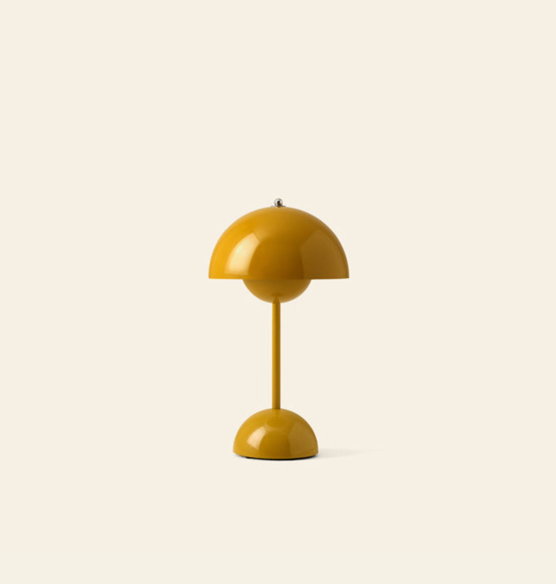 The &Tradition Flowerpot VP9 Portable Table Lamp features a yellow, dome-shaped, modern minimalist design and comes with a USB charging cable, shown centered on a plain beige background.