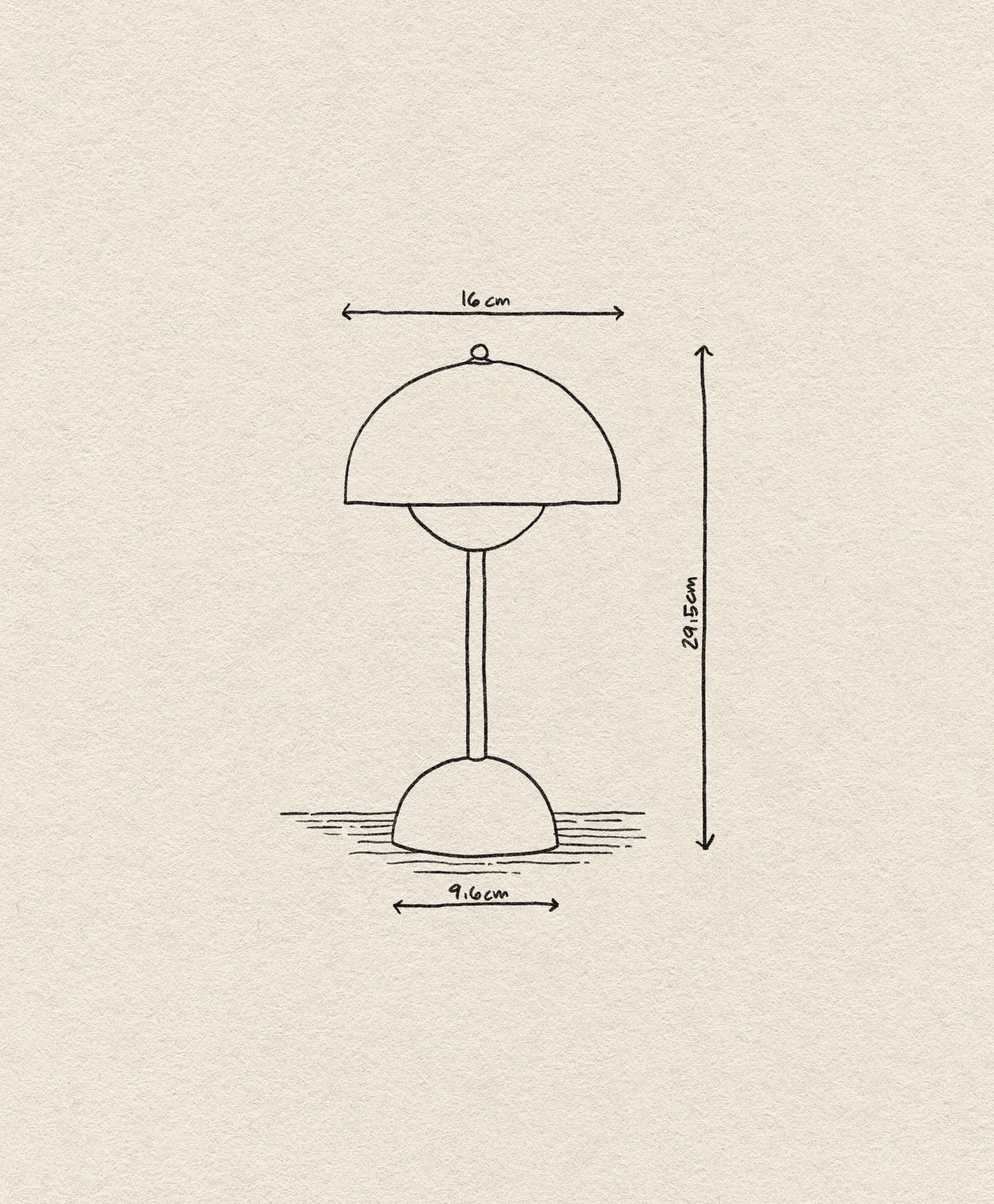 Minimalist line drawing of the &Tradition Flowerpot VP9 Portable Table Lamp—16 cm wide, 9.6 cm base, 29.5 cm tall—on a textured beige background. Features USB charging cable compatibility and portable design by &Tradition.