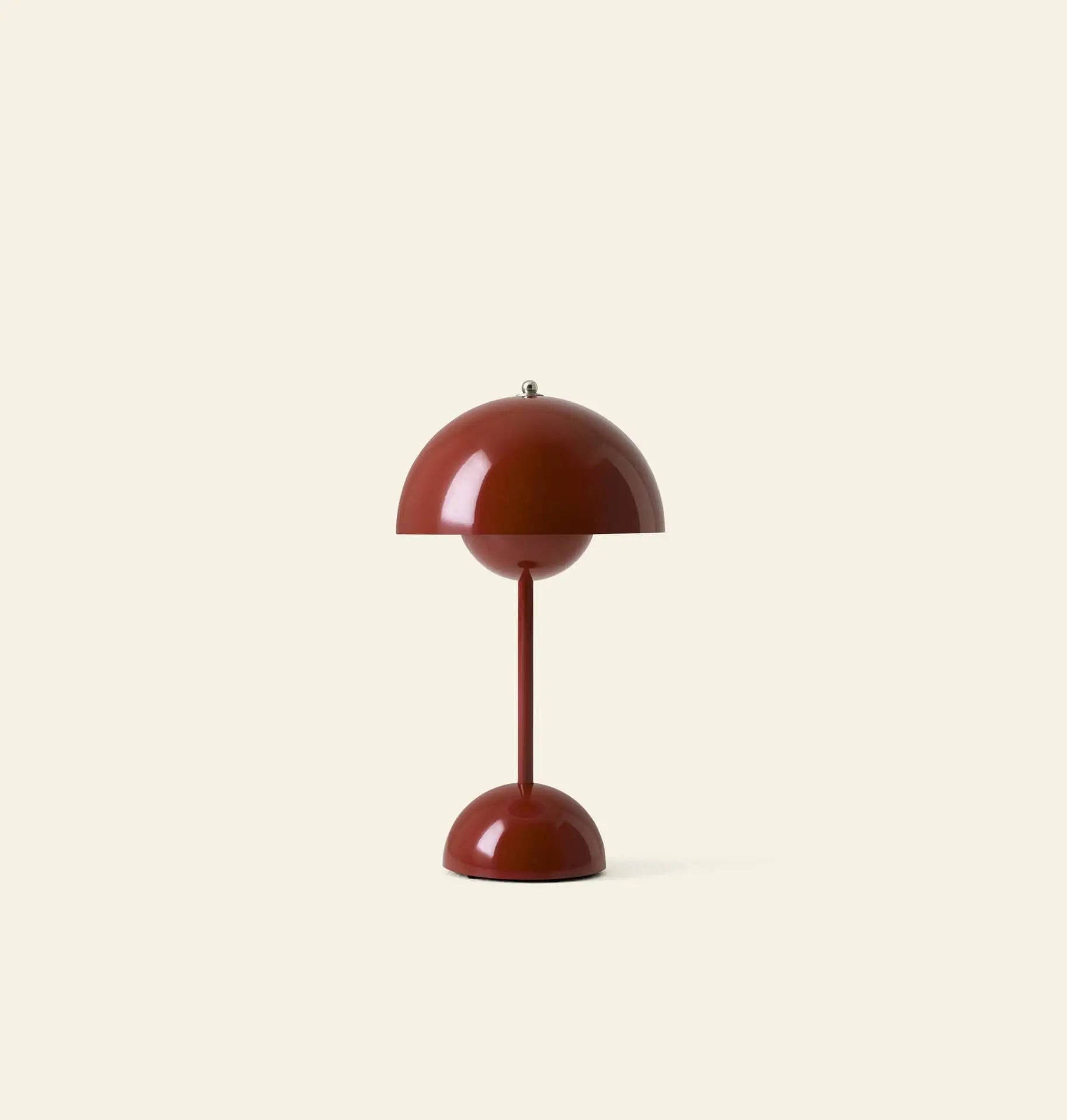 The &Tradition Flowerpot VP9 Portable Table Lamp features a modern red dome shade and base on a slim stem, set against a light beige background. This portable lamp by &Tradition offers convenient USB charging cable compatibility.