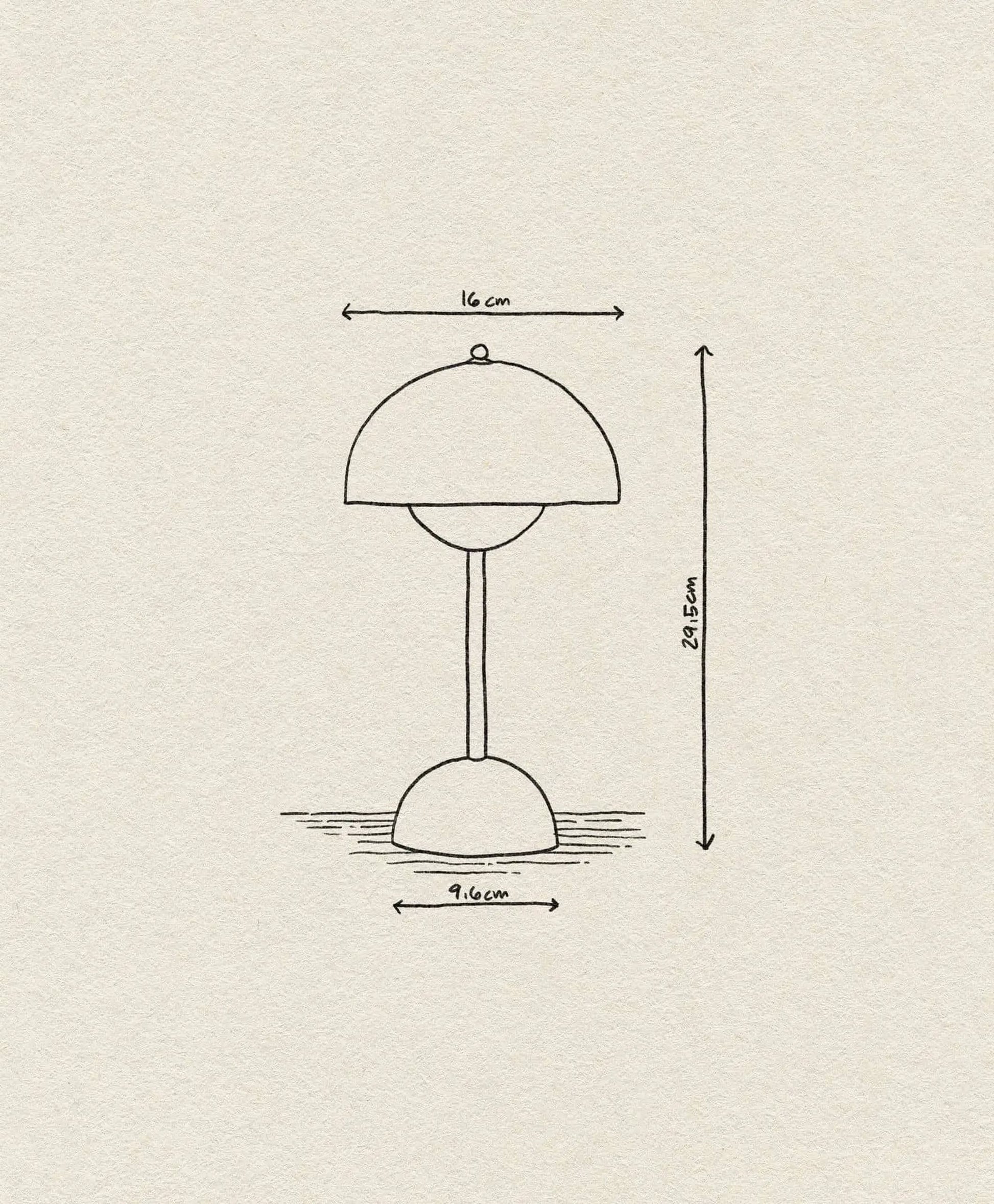 A simple line drawing of the &Tradition Flowerpot VP9 Portable Table Lamp with dome-shaped shade, labeled 16 cm wide, 29.5 cm tall, and 9.6 cm base, on a textured beige background. Includes USB charging cable for convenience.