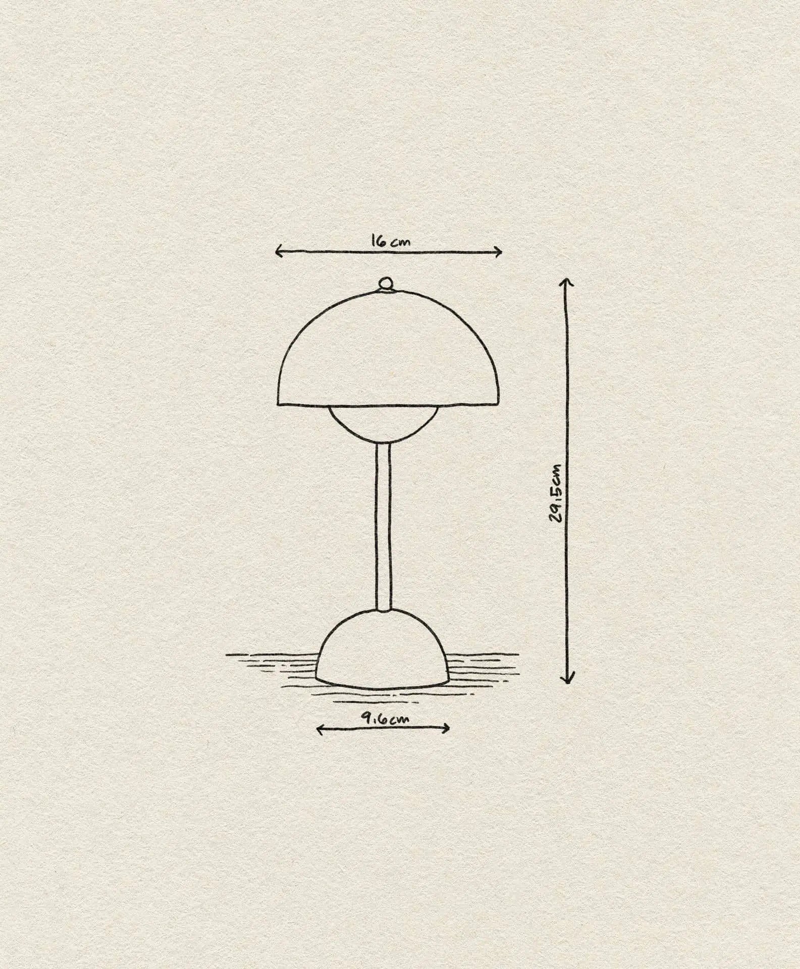 A simple line drawing of the &Tradition Flowerpot VP9 Portable Table Lamp, featuring a dome-shaped 16 cm shade, 9.4 cm base, and standing 29.5 cm tall on a lightly textured background; USB charging cable not shown.