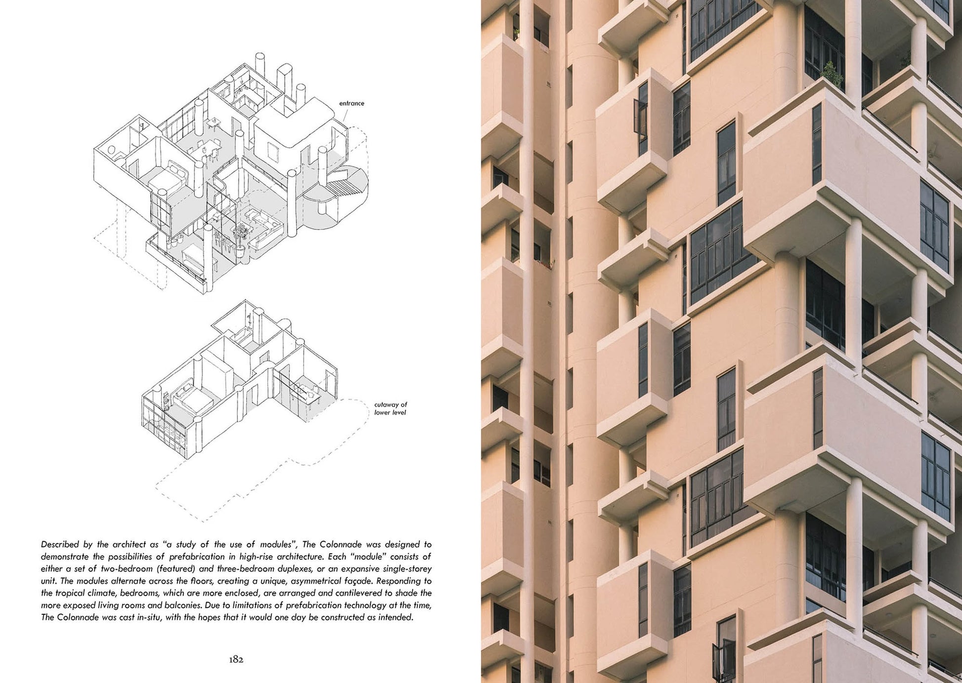 UNIT. A Glimpse Into Singapore’s 1970s - ’80s Private Apartments: The left page presents architectural plans and text, while the right showcases a modern Singapore apartment with box-shaped balconies inspired by 1980s design.