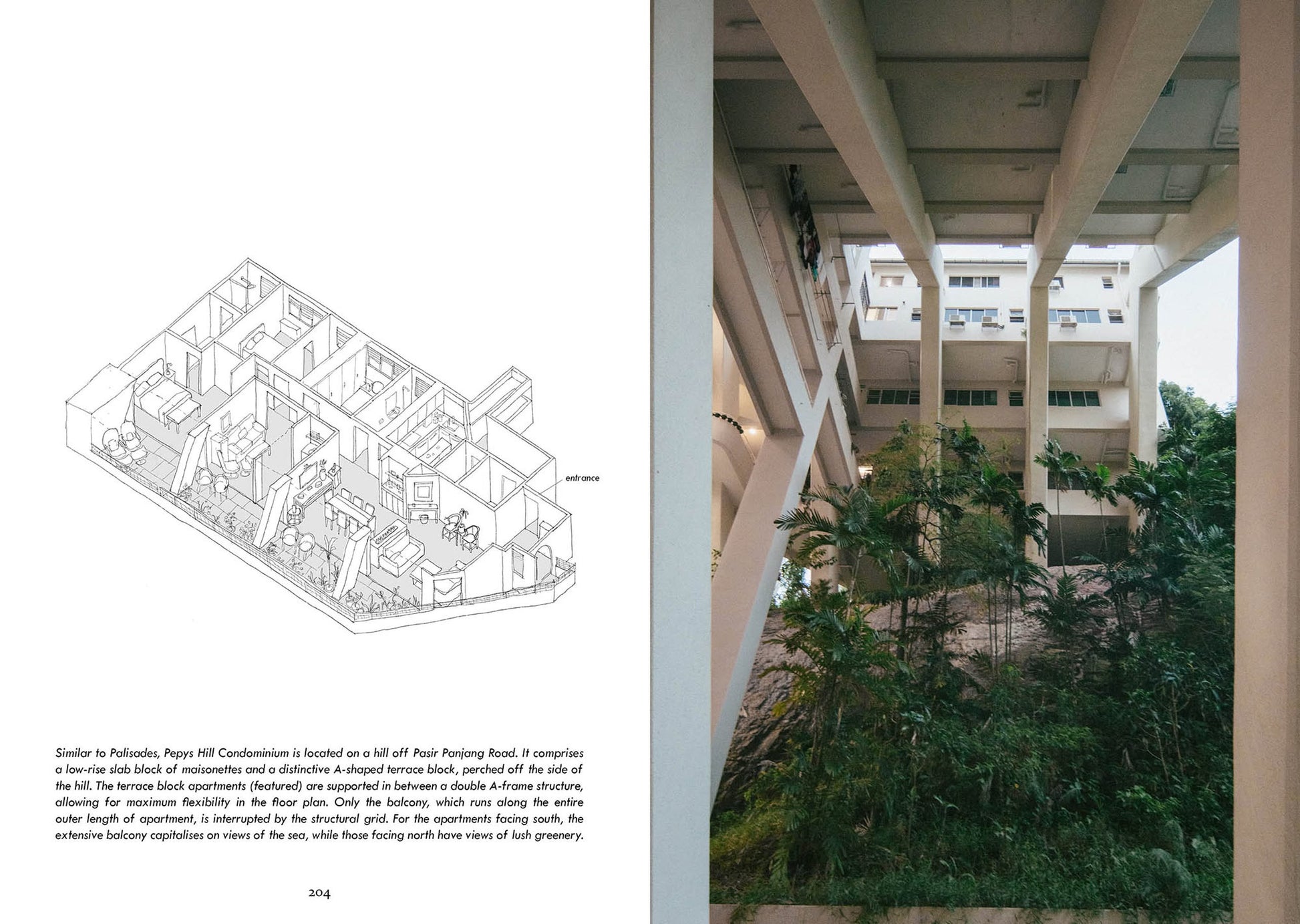 On the left, a black-and-white floor plan from UNIT. appears; on the right, lush greenery thrives beneath white balconies—highlighting 1980s Singapore private apartment design as featured in UNIT. A Glimpse Into Singapore’s 1970s - ’80s Private Apartments.
