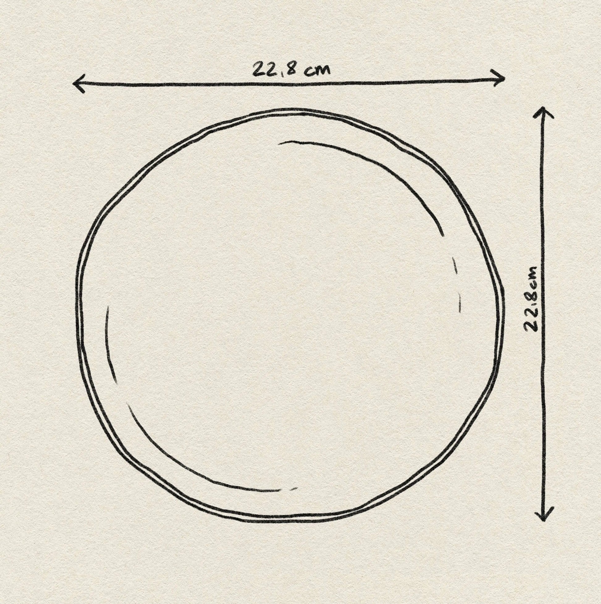 A hand-drawn illustration of the Urban Nature Culture Good Morning Breakfast Plate by Urban Nature Culture, shaded in pastels, displays its 22.8 cm width and height labeled with arrows above and to the right marking the measurements.